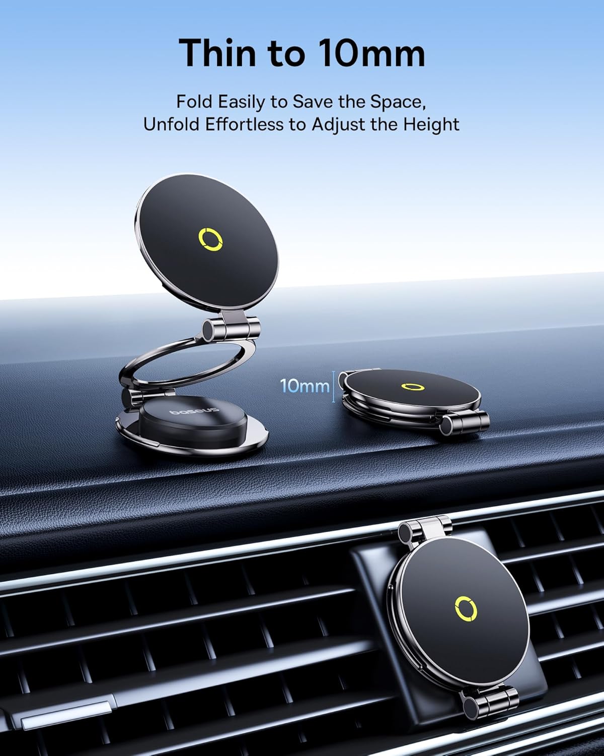 The Baseus MagPro II car mount shown folded to a thin 10mm profile and unfolded for use.