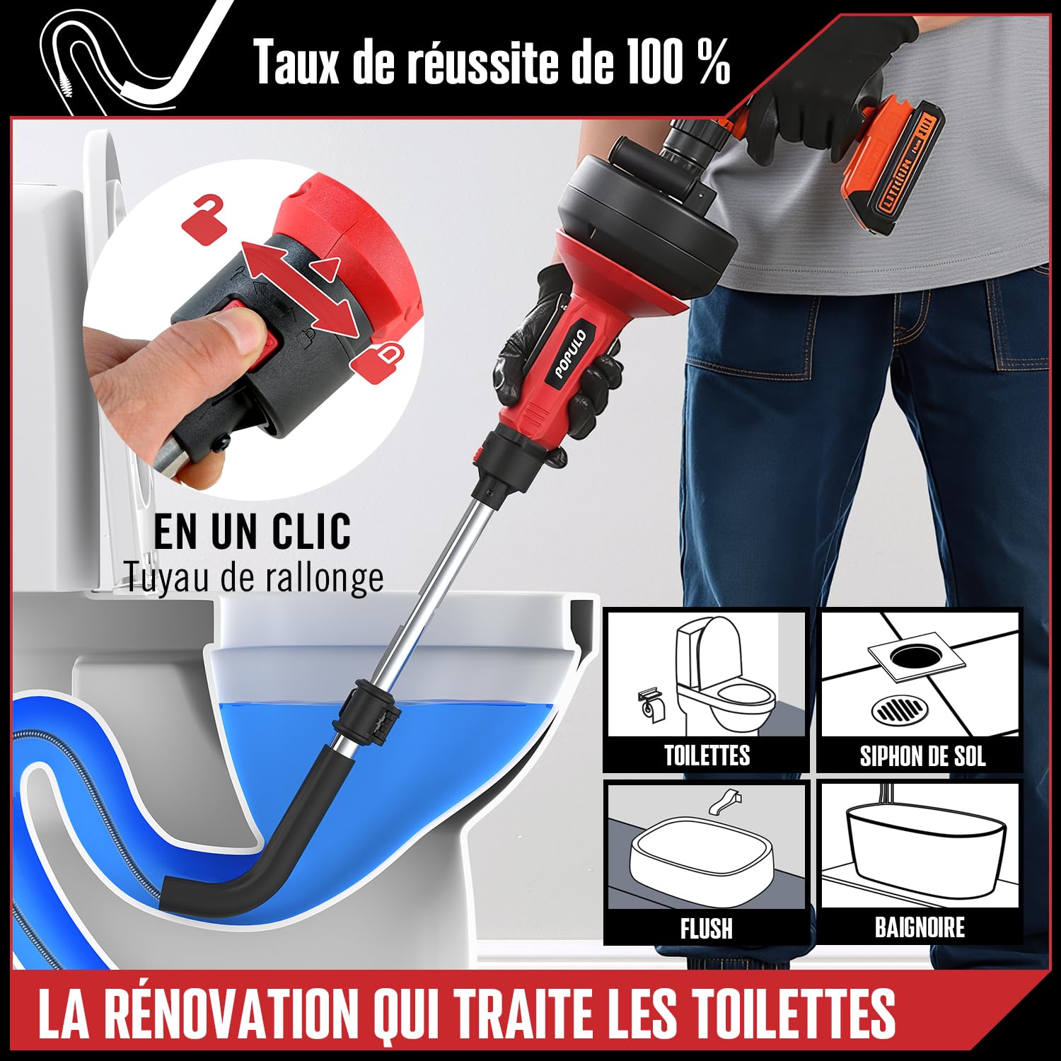 POPULO Furet Déboucheur Canalisation 5 m, Avance Automatique, Tube WC