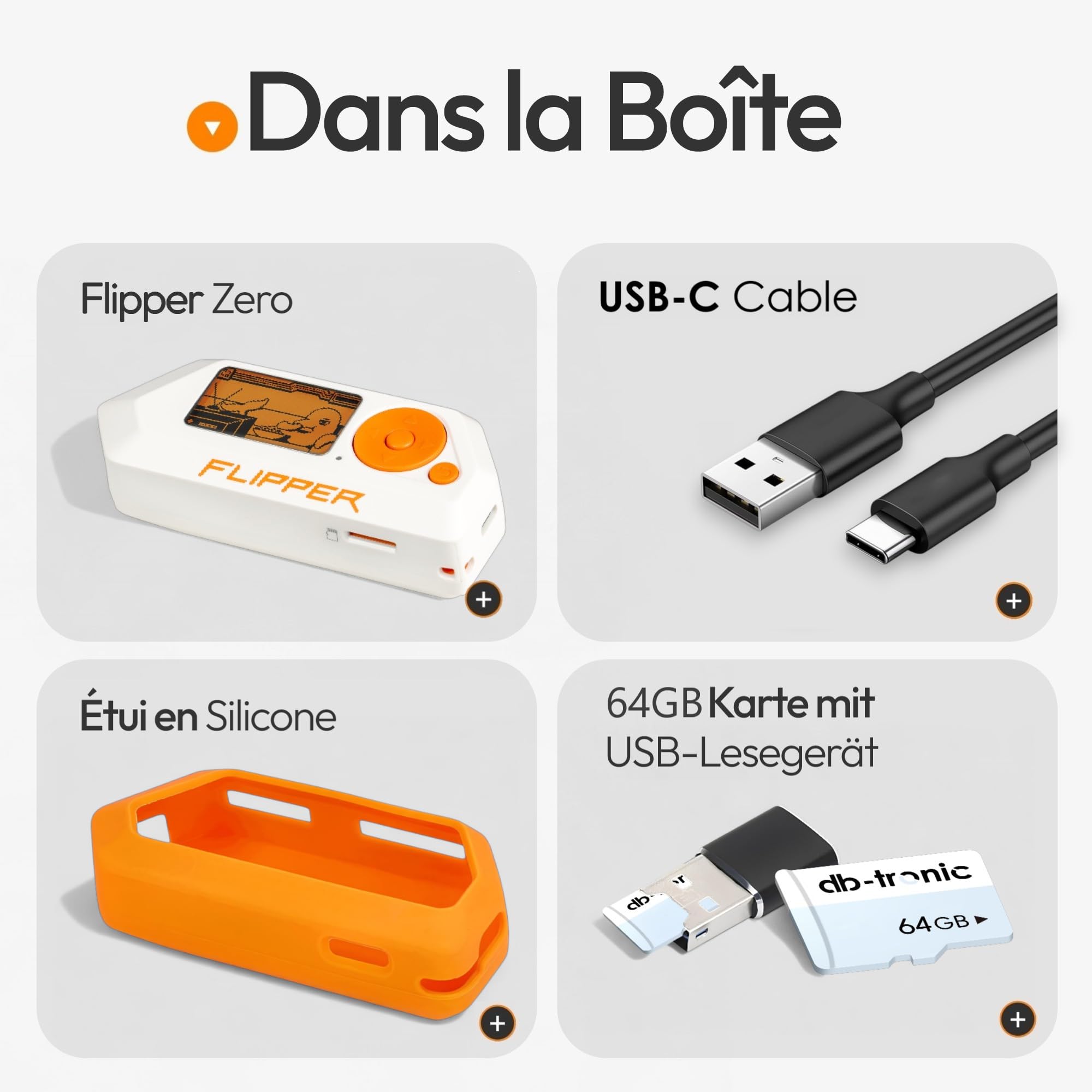 Flipper Zero Set avec Étui Silicone, Carte 64 Go, Lecteur USB, Câble USB-C, Mini PC Double Core