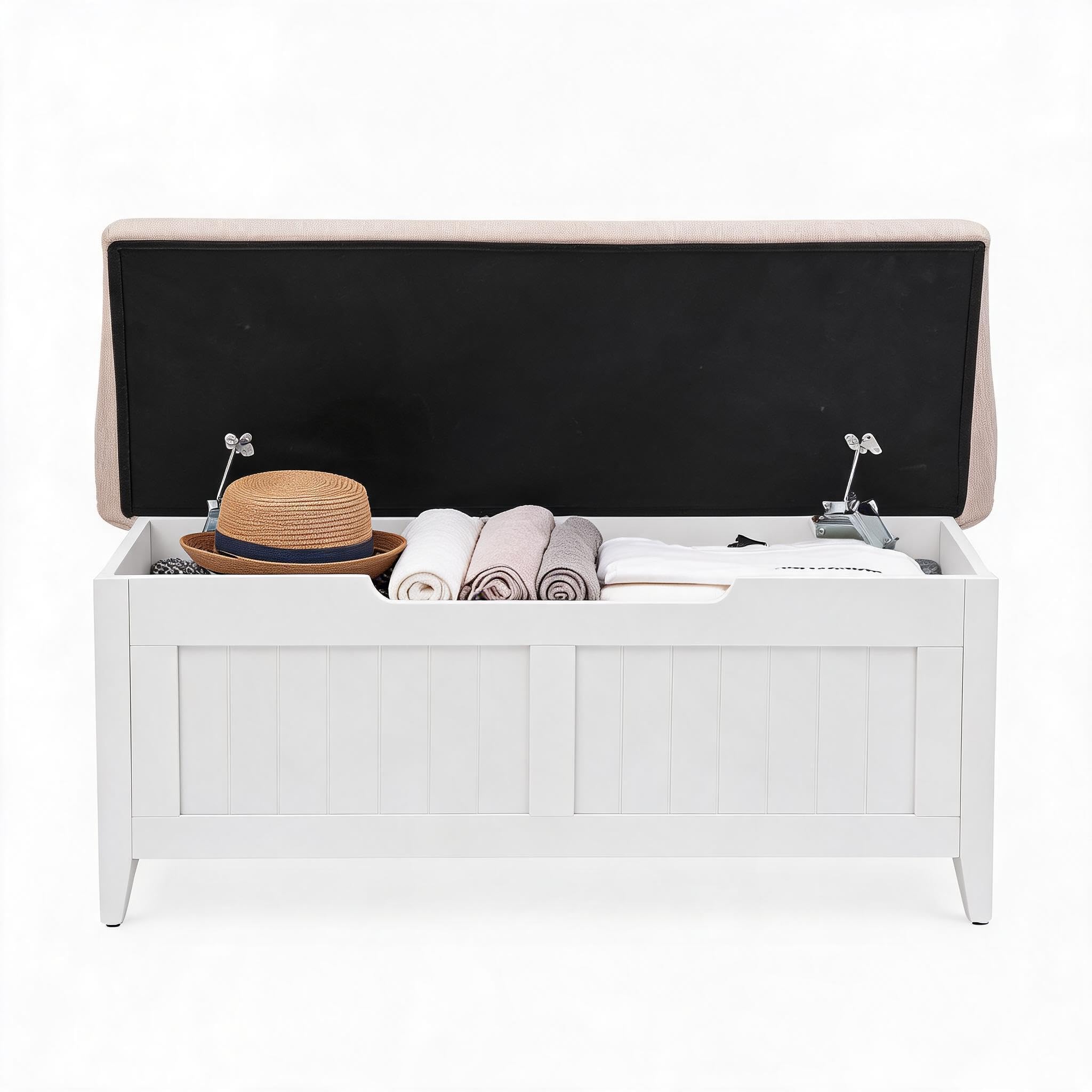 Schuhbank, Sitzbank mit Stauraum und Klappdeckel, Aufbewahrungsschrank,2 Sicherheits-Scharniere,Sitzkissen,Holztruhe, vielseitig nutzbar für Flur, Schlafzimmer & Wohnzimmer, Farbe: Weiß 100x40x46 cm