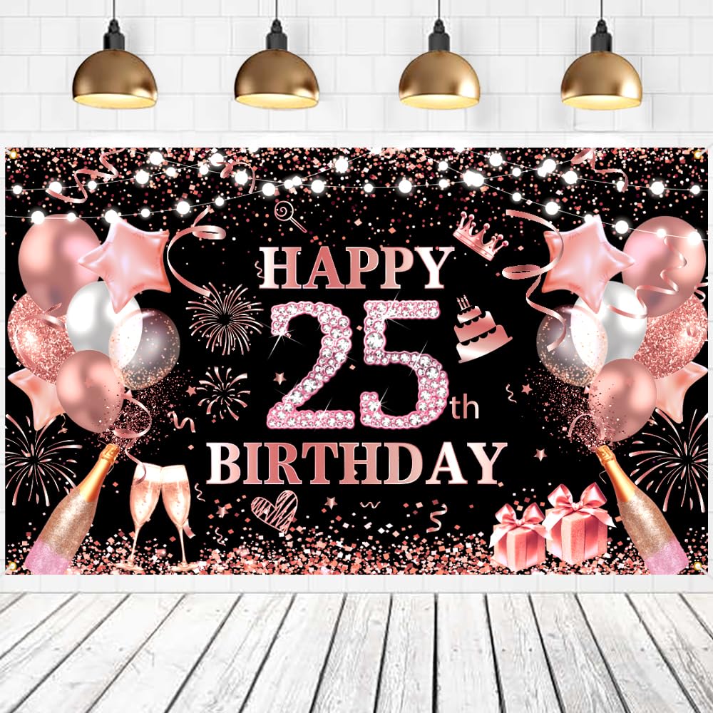 Happy Birthday Backdrop Banner Rose Gold Black Birthday Decorations Girls 25th Party Decor Supplies Outdoor Indoor Decoration Rose Gold Sparkling Banner Background Poster Photo Booth Props Supplies
