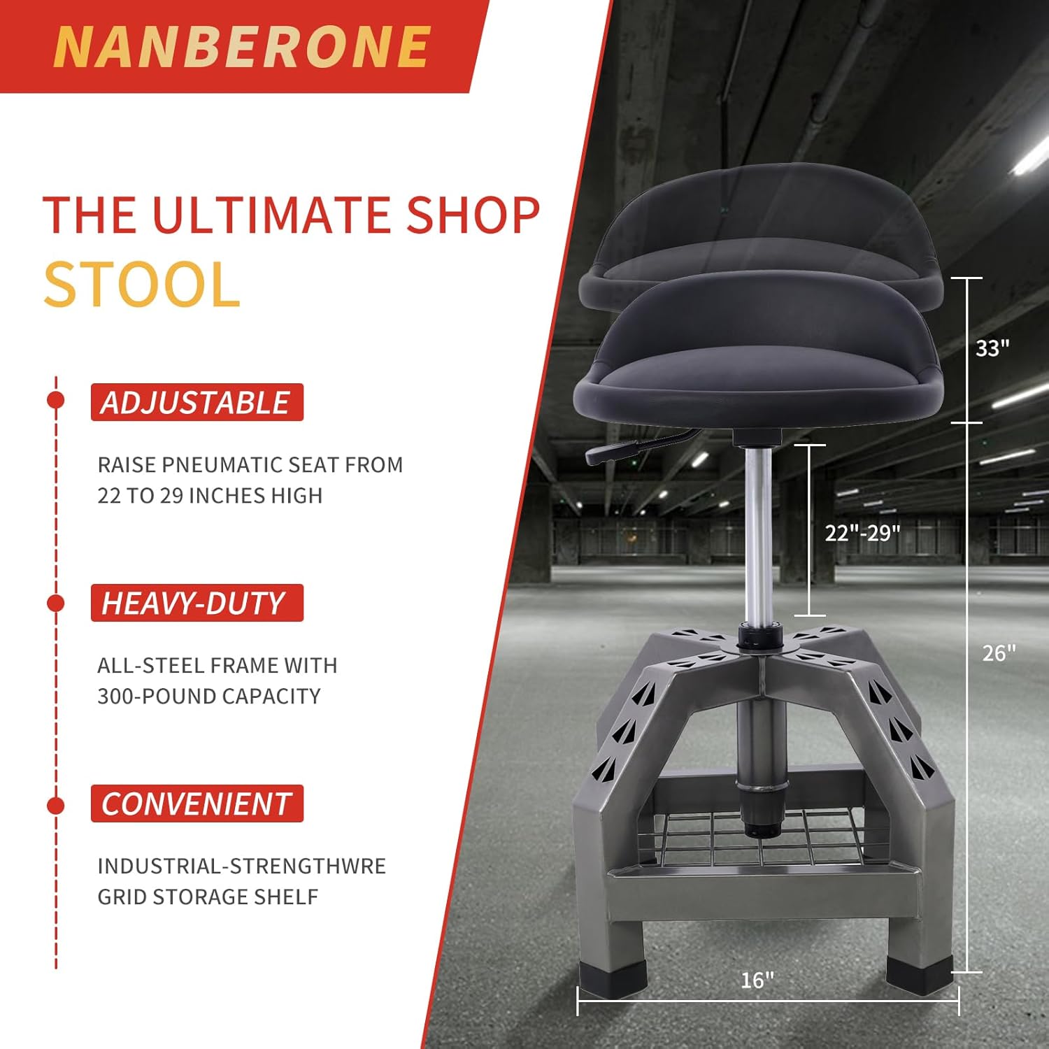 Rolling Shop Stool - 360 Swivel, Adjustable Height, Tool Tray Storage, 300 Lbs Capacity, Gray