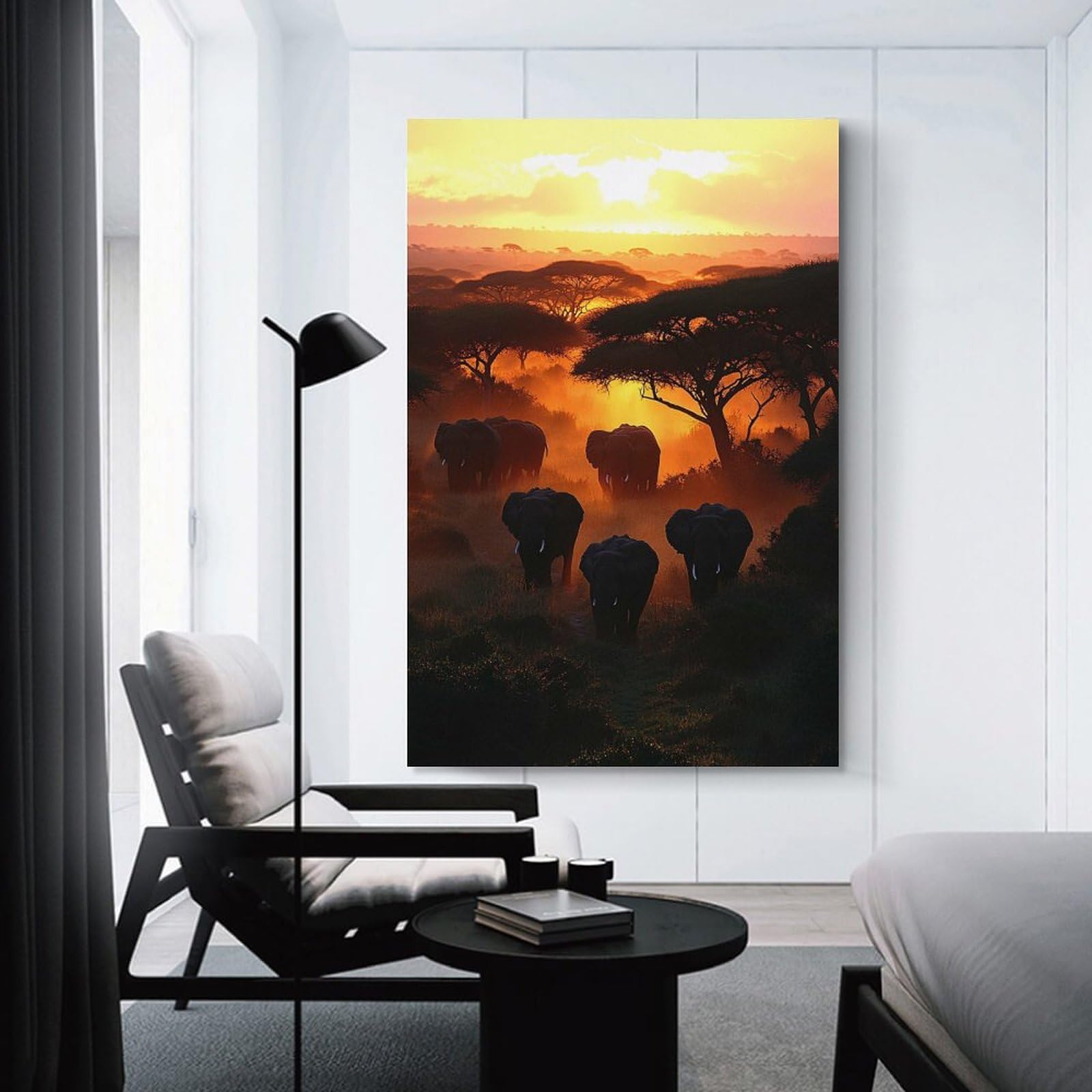 Junmoney Elephants at Sunset in African Savannah Decorative Canvas Print, 24x36inch(60x90cm), for Hallway, Bedroom Or Modern Interiors, Gift Idea for Housewarming And Birthdays