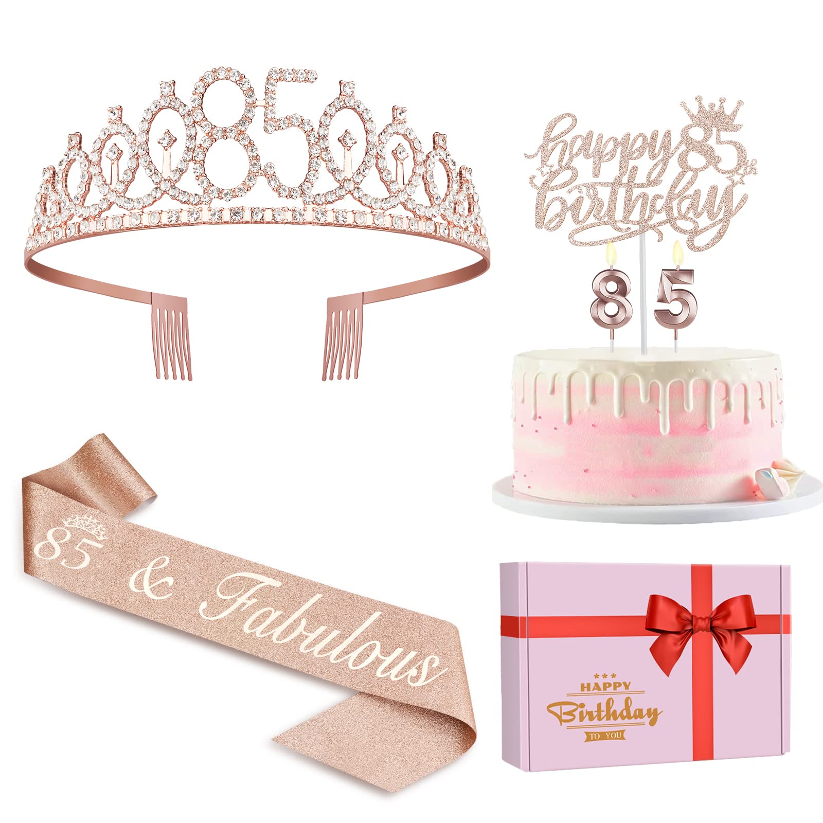 85th Birthday Party Decorations Including Sash, Crown, Numeral Candles and Cake Topper, Rose Gold 85th Birthday Decorations for Women