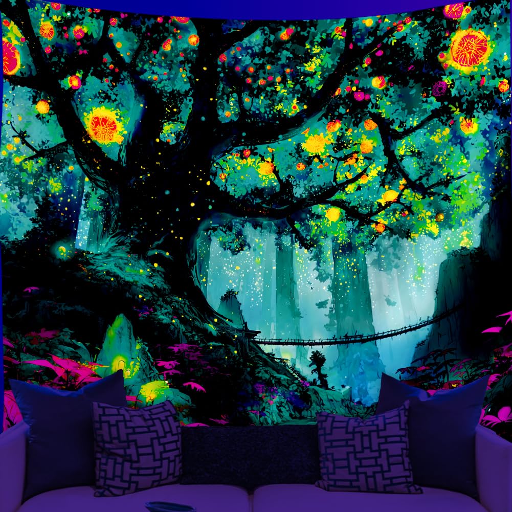 WEBEEDY Blacklight Fantasy Forest Wall Tapestry Nature Landscape Magical Tree UV Reactive Tapestry Wall Hanging Backdrop Psychedelic Tapestries for Bedroom Living Room Backdrop Party Decor, 150x130cm