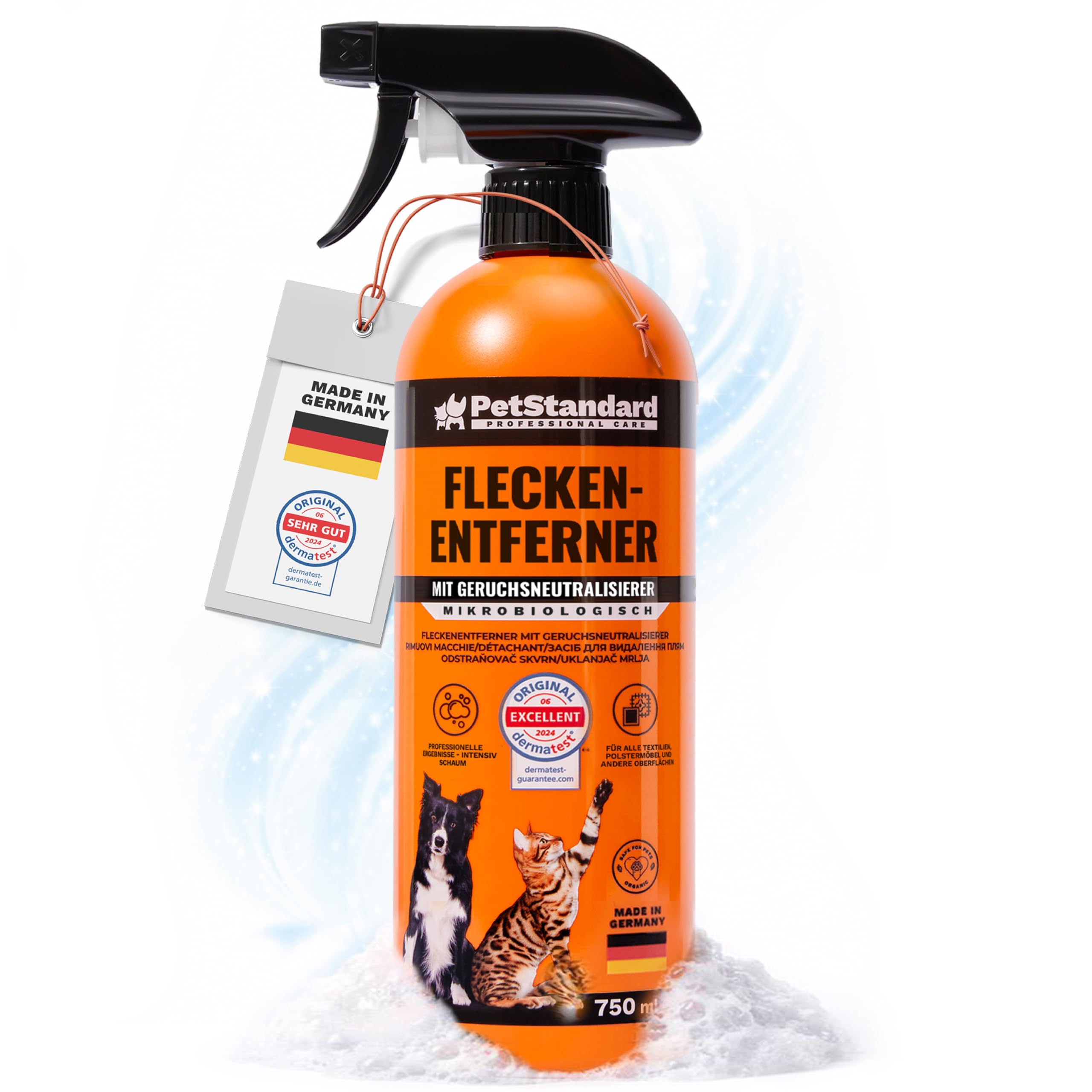 PetStandard Enzymreiniger für Katzenurin & Hundeurin – Fleckenentferner & Geruchsentferner für Teppiche & Polster | Extra Schaumkraft | Made in Germany | 750ml