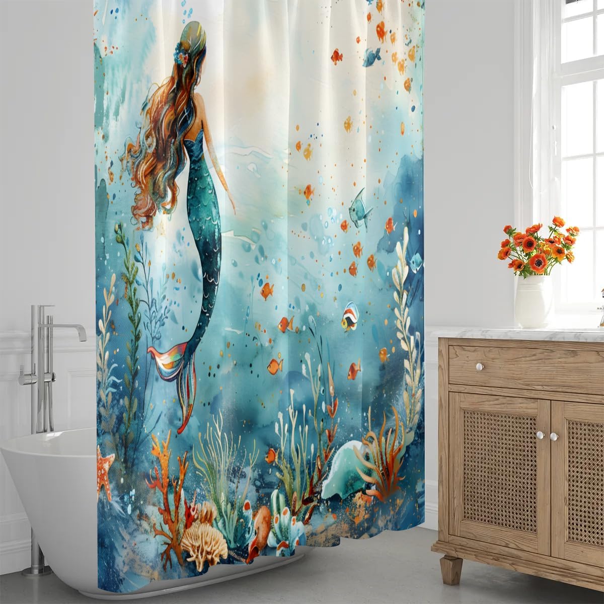 Mermaid Nautical Bath Shower Curtain Waterproof Shower Curtains 72 x 72 Washable with 12 Shower Curtain Hooks