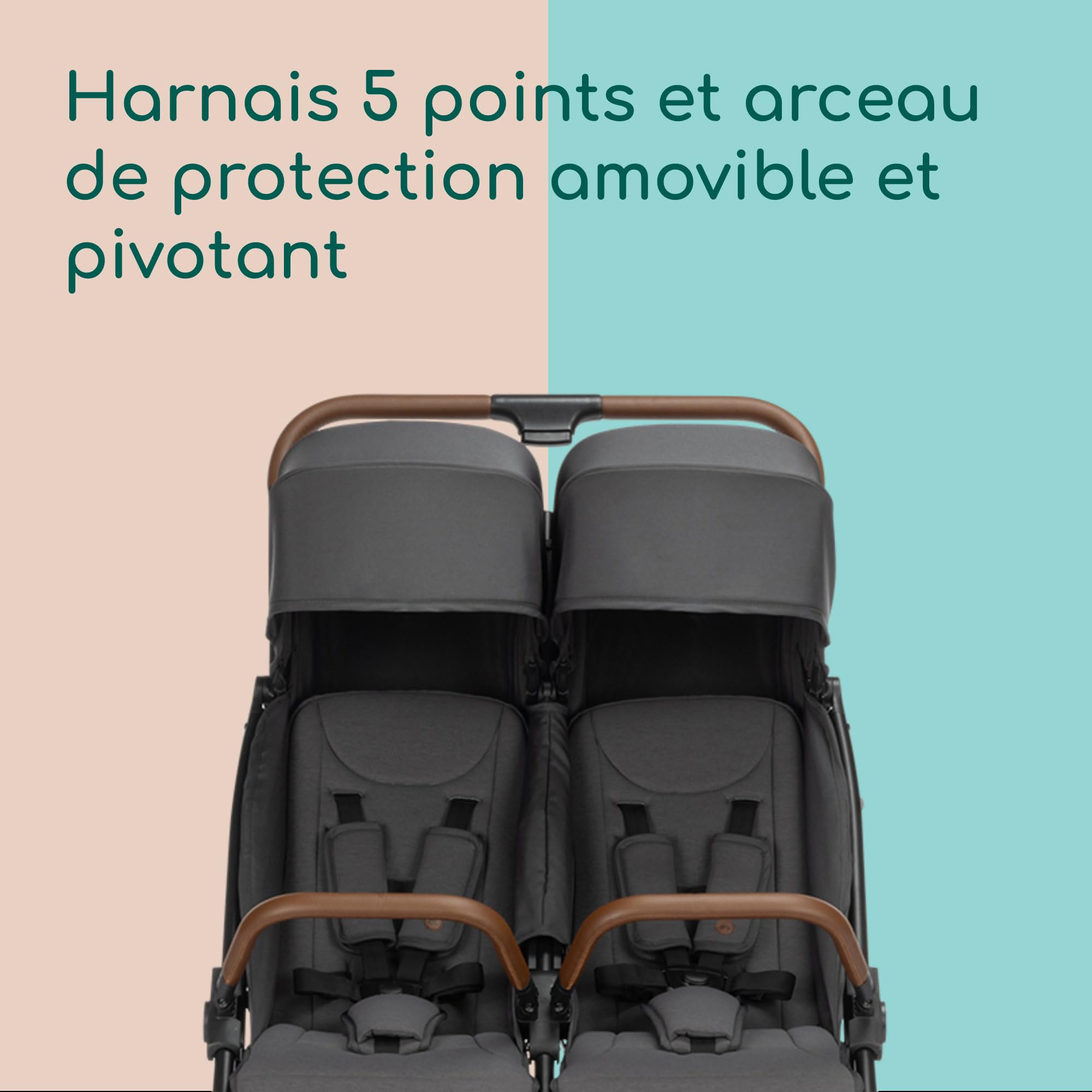 Bebeconfort Mane, Poussette Double, 0+ à 22 kg, Pliage Automatique, Inclinable À Plat, Arceau Pivotable, Harnais 5 Points, Fenêtre En Filet, Housse De Pluie, Sac De Courses (8 kg), Mineral Graphite