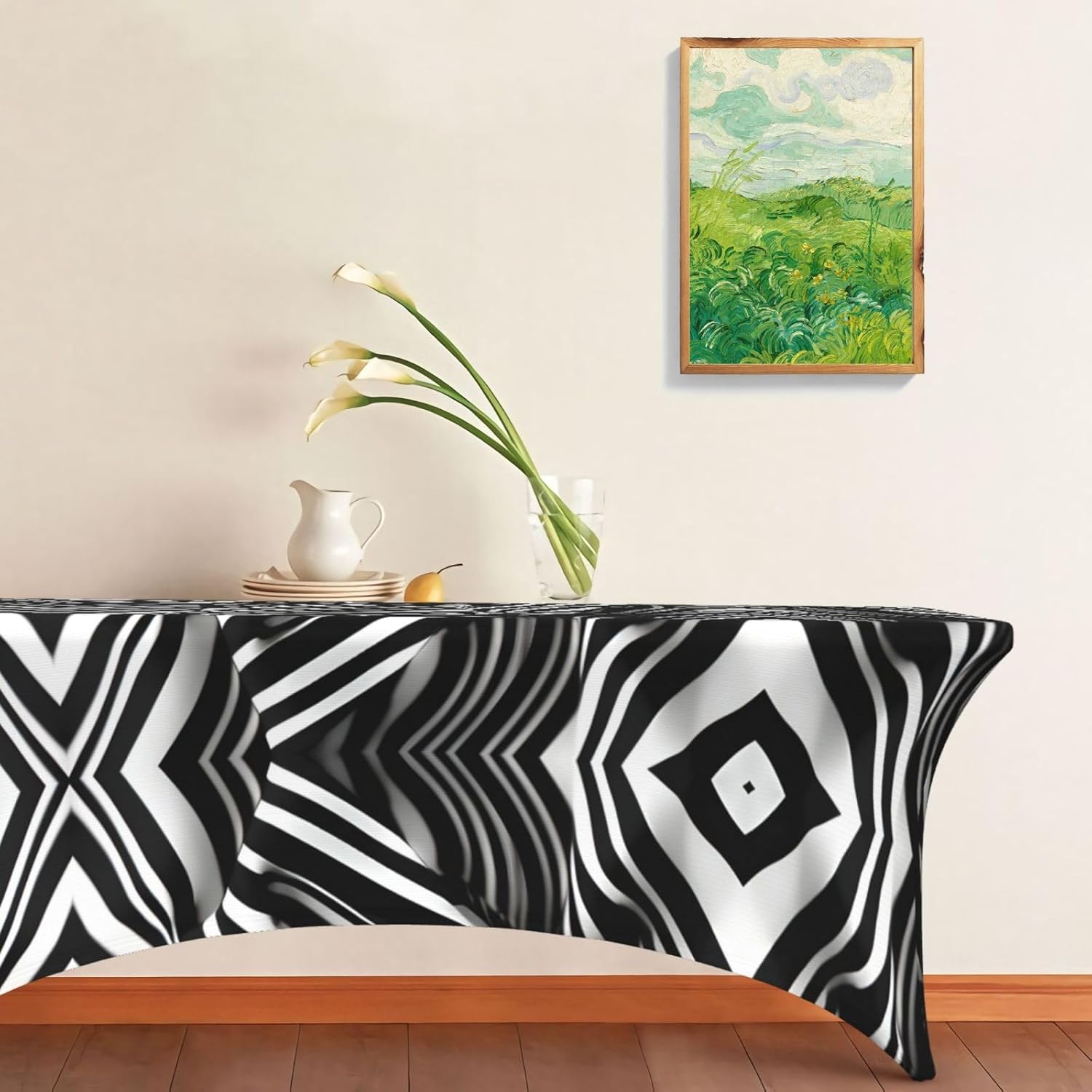 Stripes Black White Print Table Cover Rectangular Tablecloth for 6-Foot Tables for Wedding Banquets Outdoor