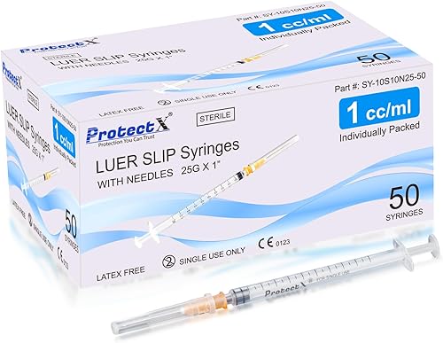ProtectX Paquete de 50 jeringas desechables Luer Slip de 1 pulgada (0.0 fl oz/cc) con 0.88 oz y 1 pulgada para laboratorios científicos,