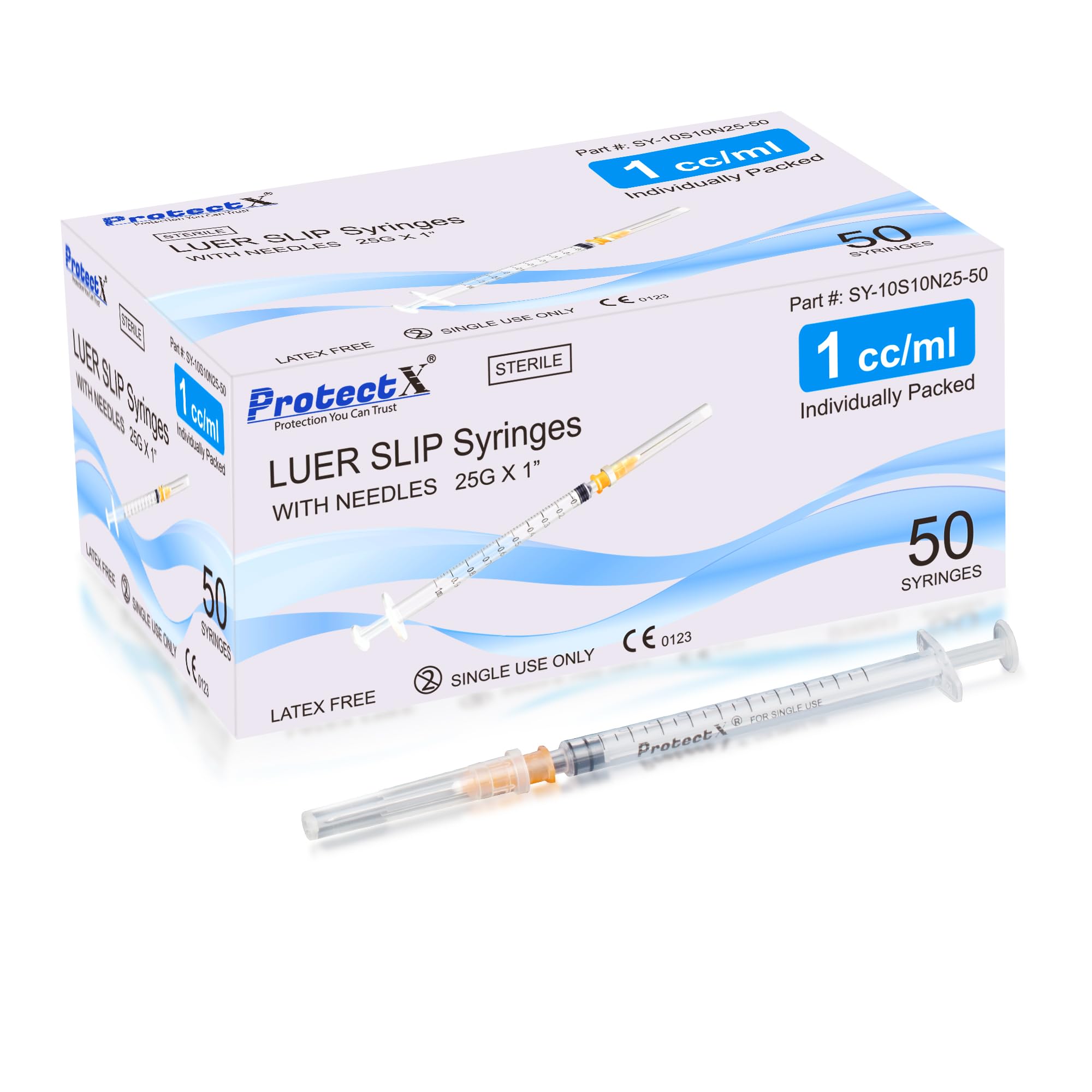 ProtectX 50 sztuk strzykawek 1 ml/cc z igłą 25G, jednorazowa strzykawka Luer Slip do laboratoriów naukowych, przemysłowe dozowanie artykułów dla zwierząt i zwierząt domowych, pakowane pojedynczo