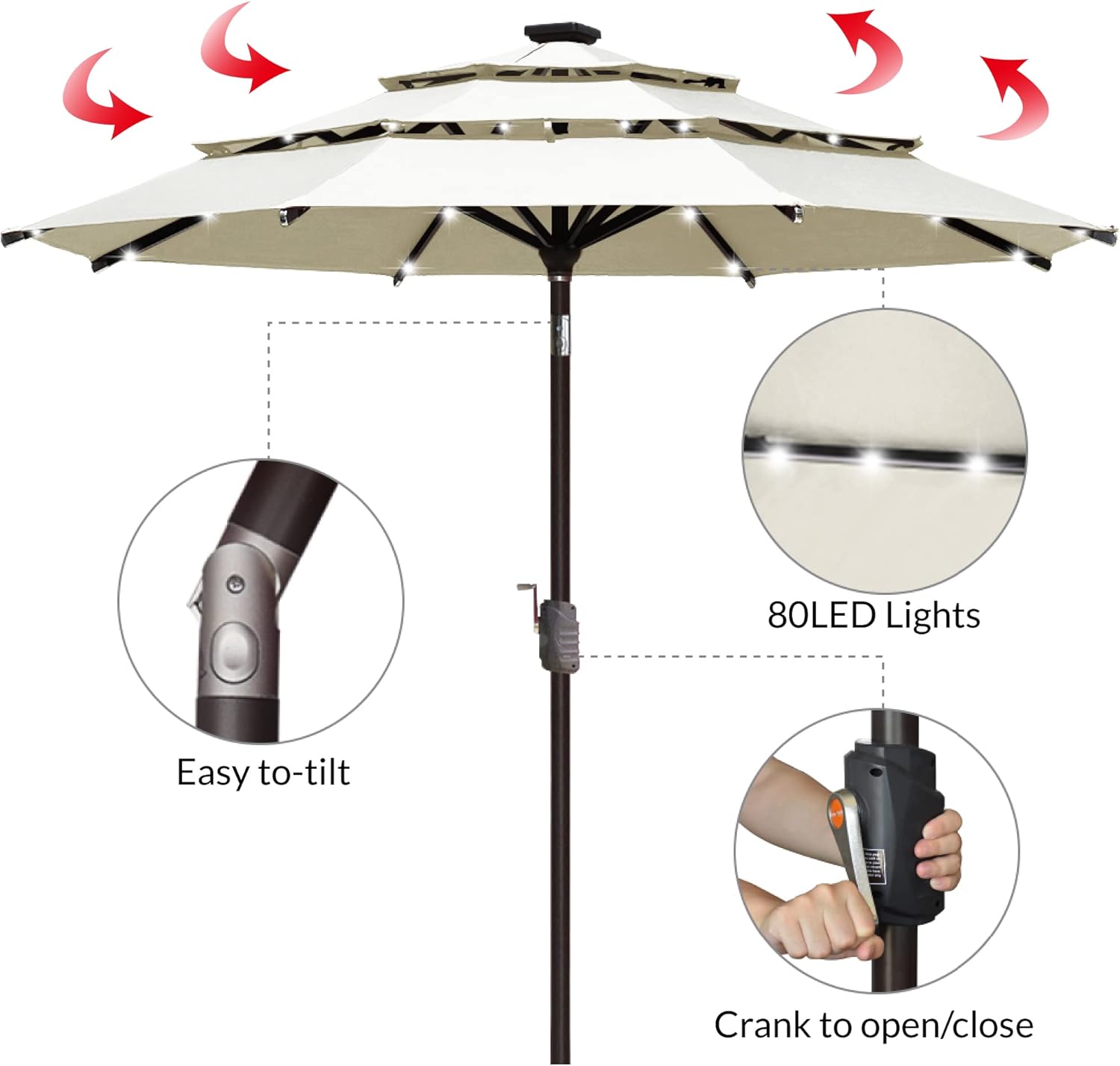 EliteShade USA 10-Year-Non-Fading Solar 9ft 3 Tiers Market Umbrella with 80 LED Lights Patio Umbrellas Outdoor Table with Ventilation（Natural）