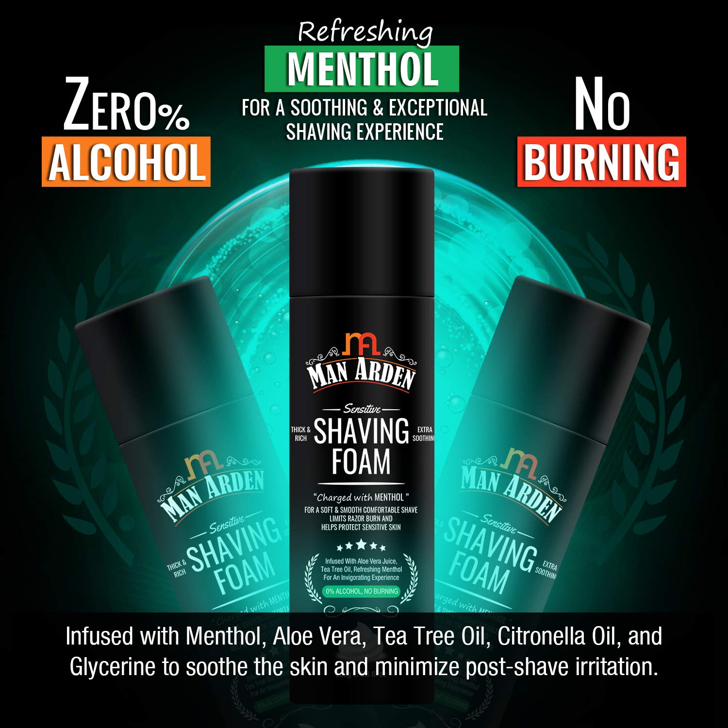 Man Arden Shaving Foam For Sensitive Skin - Charged with Menthol, Aloevera and Tea Tree, 200g x Pack Of 2 3