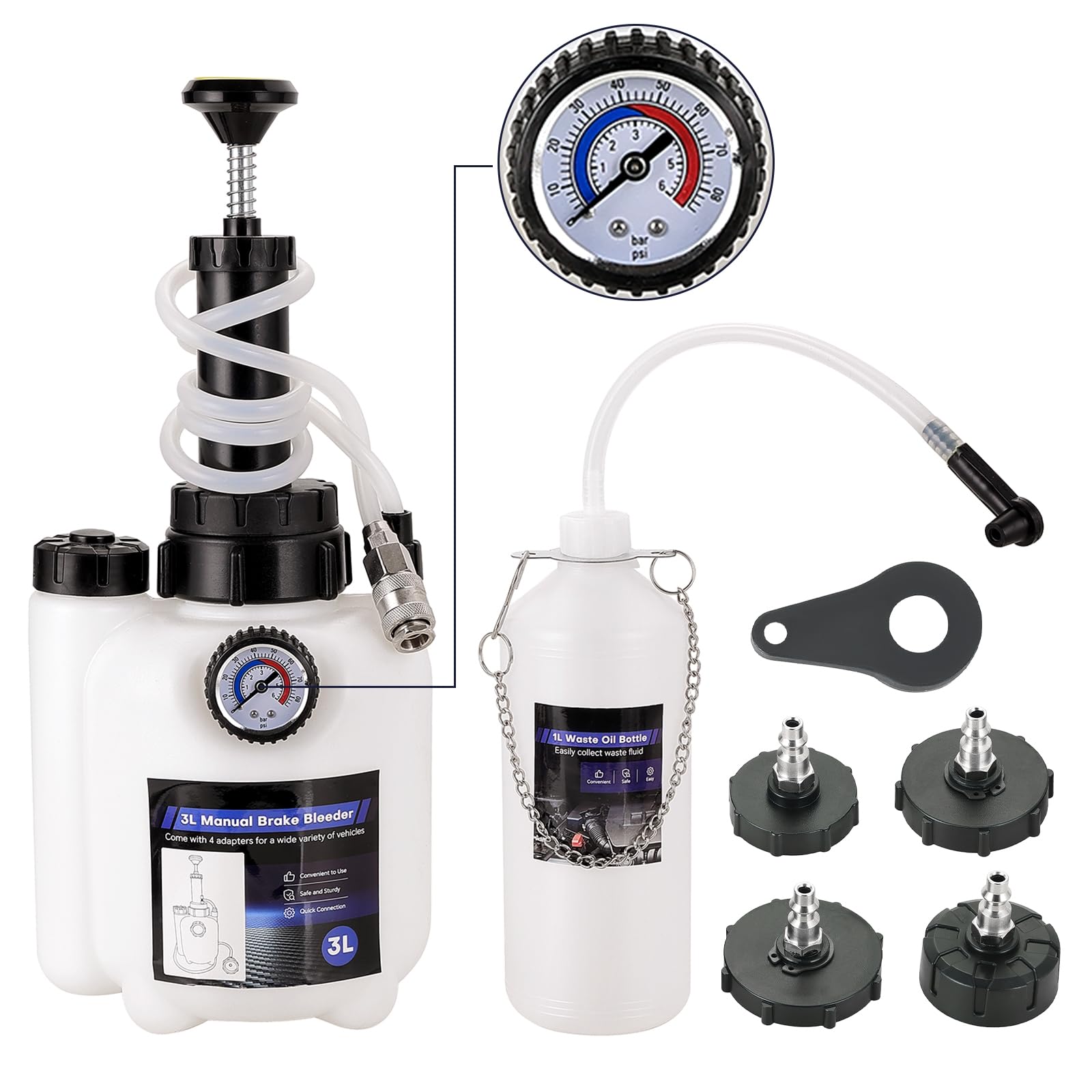 DASBET Kit spurgo freni manuale da 3 l, pompa professionale per lo spurgo dei freni con bottiglia da 1 l e 4 adattatori per cilindro principale, ideale per la manutenzione di freni e frizione sulla
