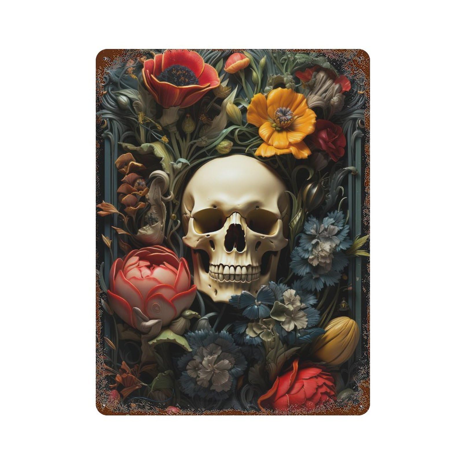 Skull with Flowers Artwork 15.7"x11.8" Weathered Tin Sign, Shabby Chic Decor for Farmhouse, Kitchen And Entryway Decor