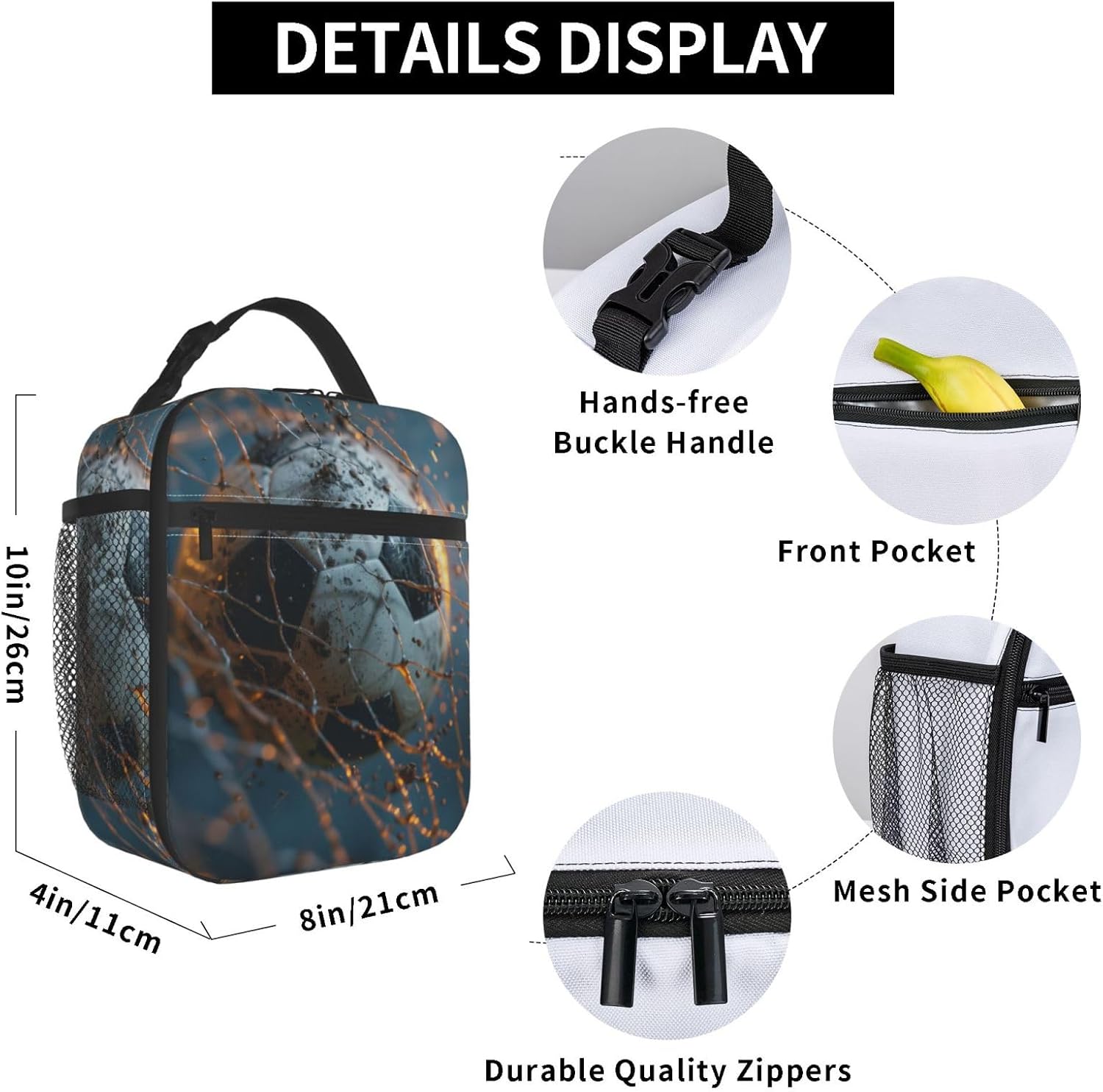 Insulated Lunch Box for Boys Kids Girls Soccer Lunch Bag for Work,Picnic,School,Travel,Hiking, Beach or Fishing Polyester Football Soccer Lunch Box