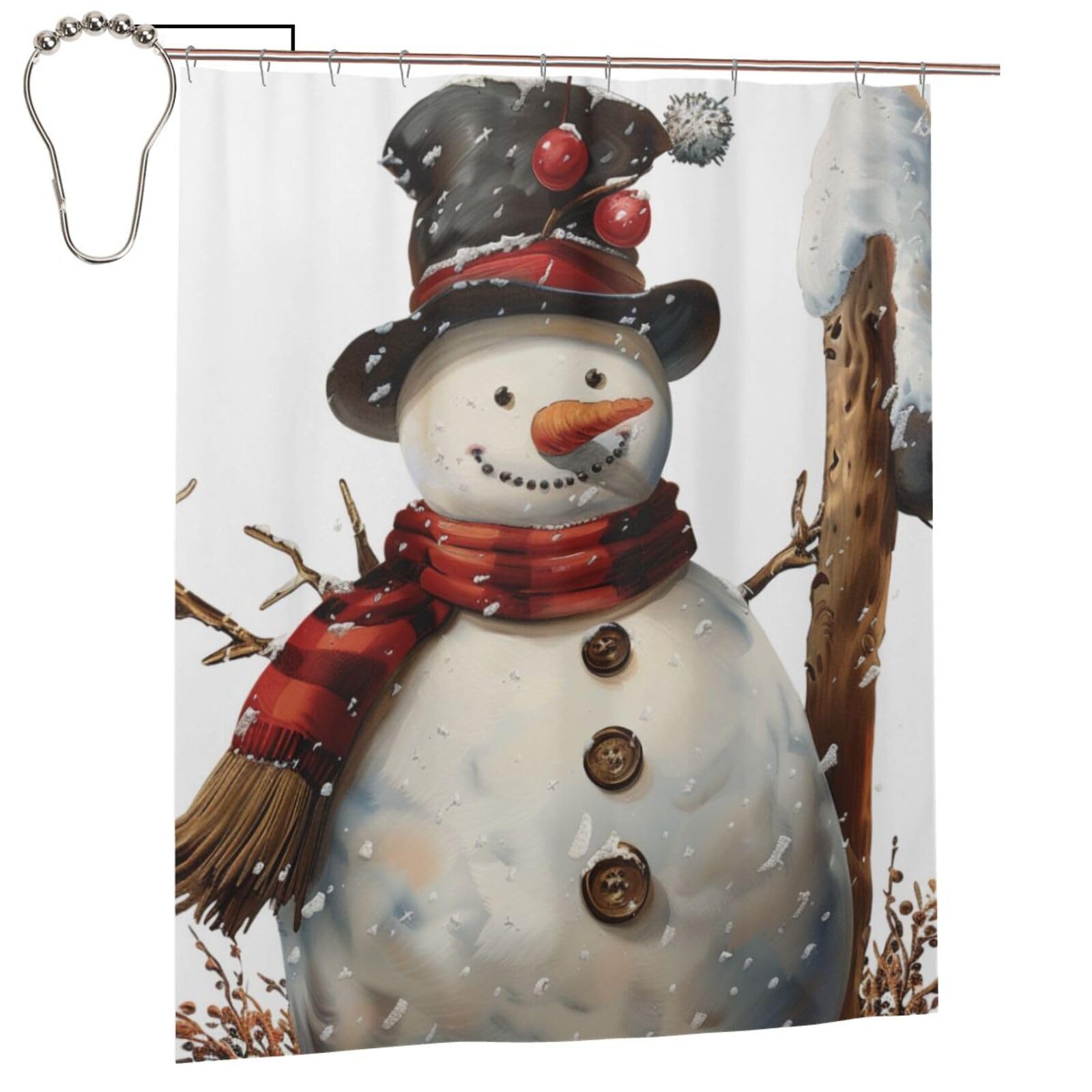 BWWHCCTI Snowman Print Printed Shower Curtain With 12 Iron Hooks Opaque Quick Drying Waterproof Shower Curtains Sets For Bathroom 152x183 Cm