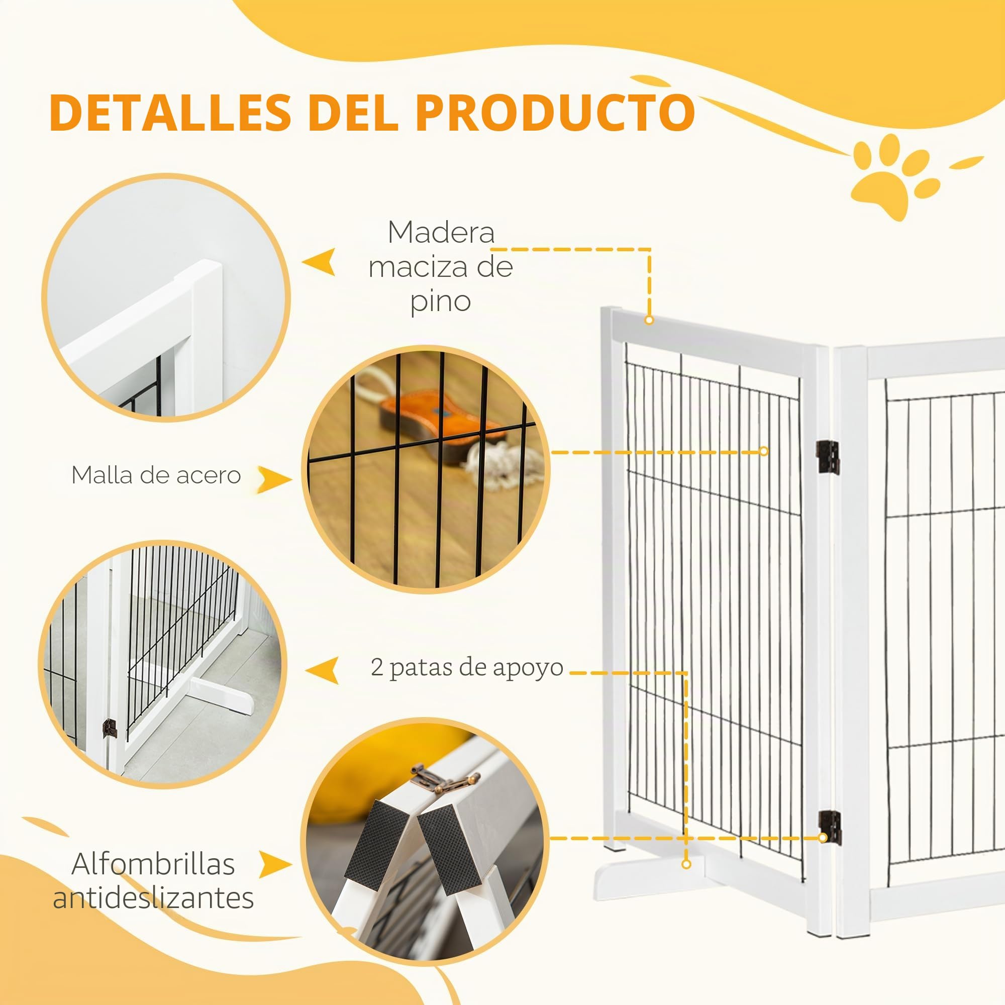 PawHut Barrera para Perros con pies, 305 x 82 cm, Madera, Plegable, para escaleras, Puertas, pasillos, 4 Paneles, Color Blanco