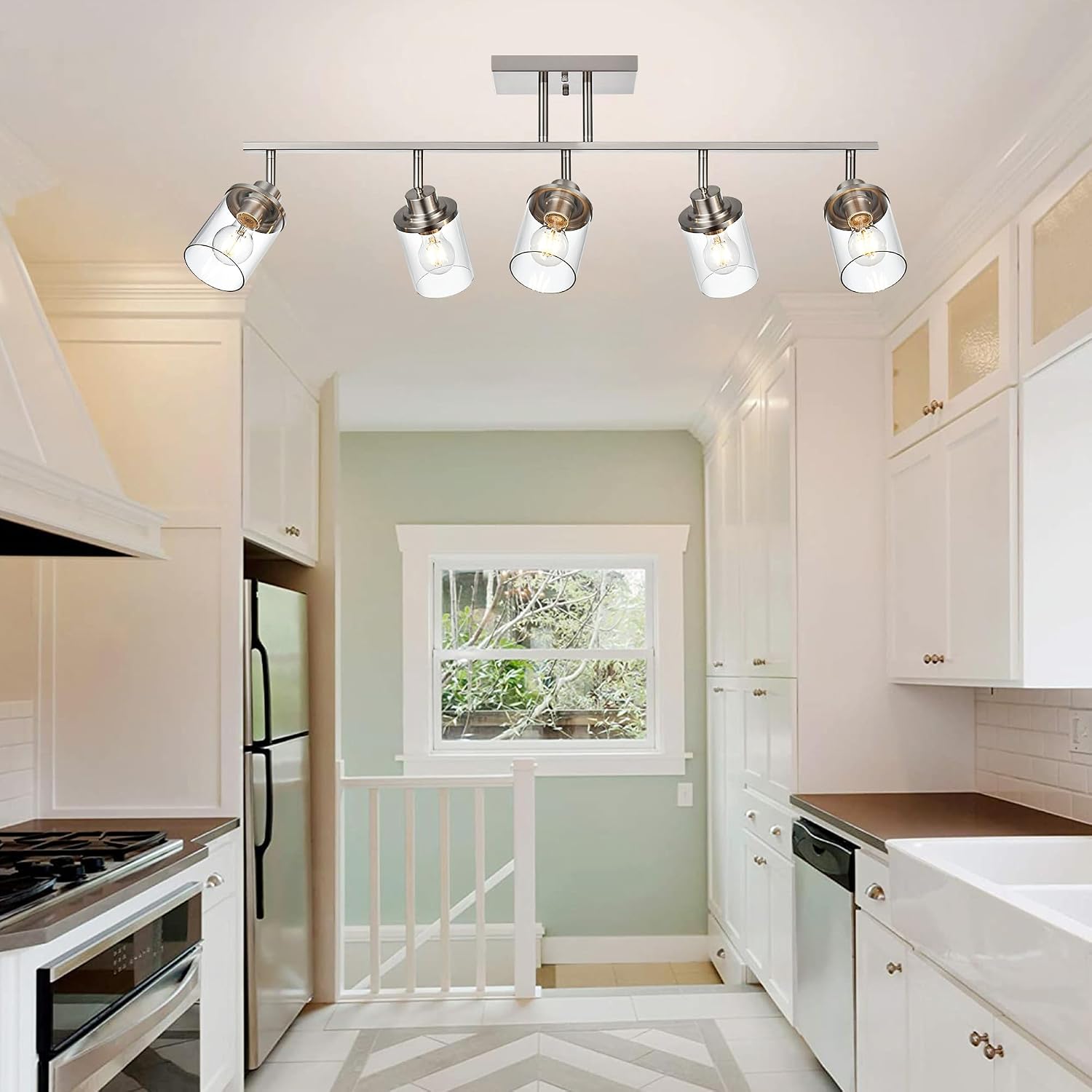 5-Light Wall/Ceiling Track Lighting Kit in Brushed Nickel Semi Flush Mount Ceiling Light with 5 Rotatable Light Heads Modern Vanity Lights for Bathroom, Clear Glass Shade