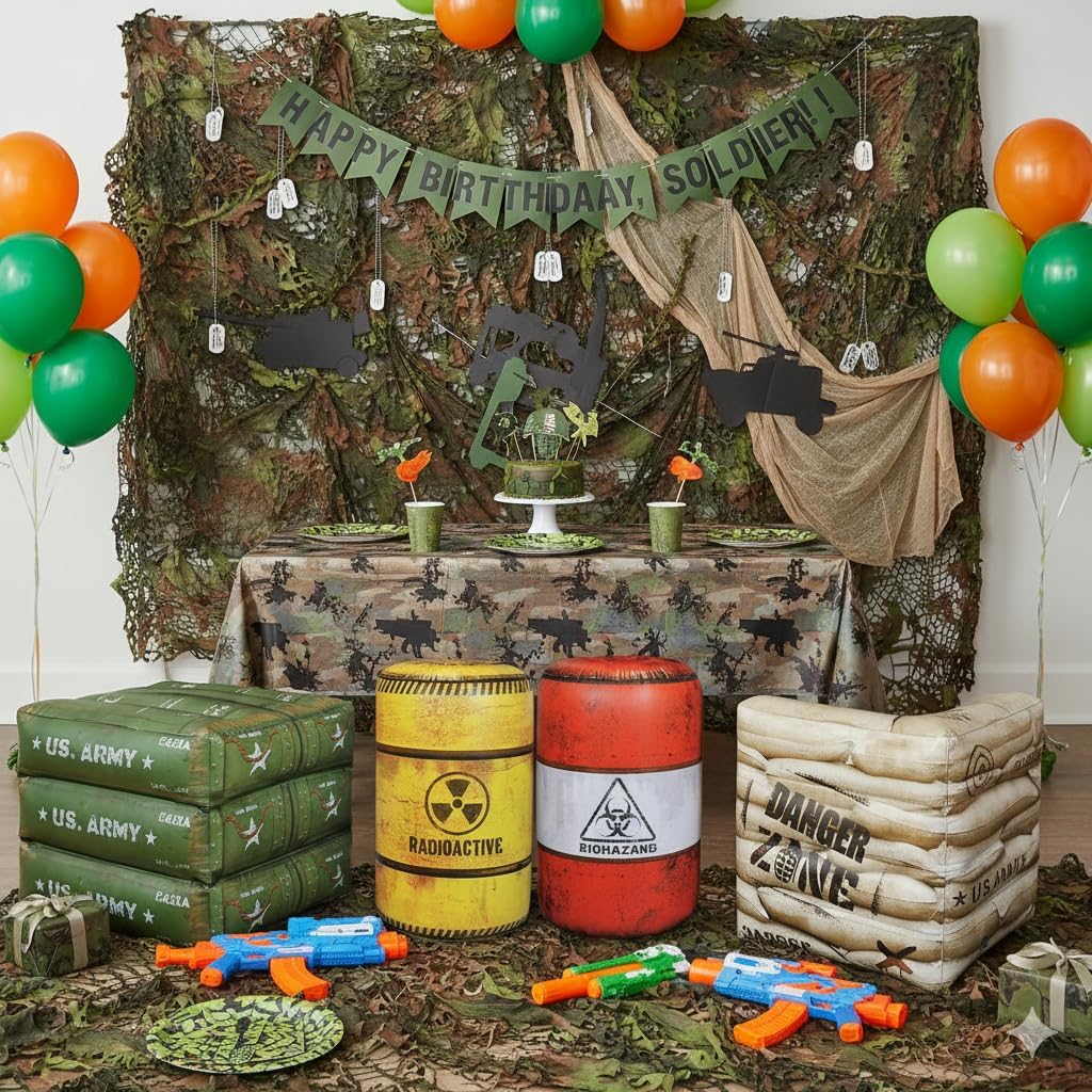 Package 4 Combat Battlefield Inflatables, Compatible with Nerf, Laser tag, Water Gun for Boys Birthday Party Activities and Decoration. [Premium Pack]