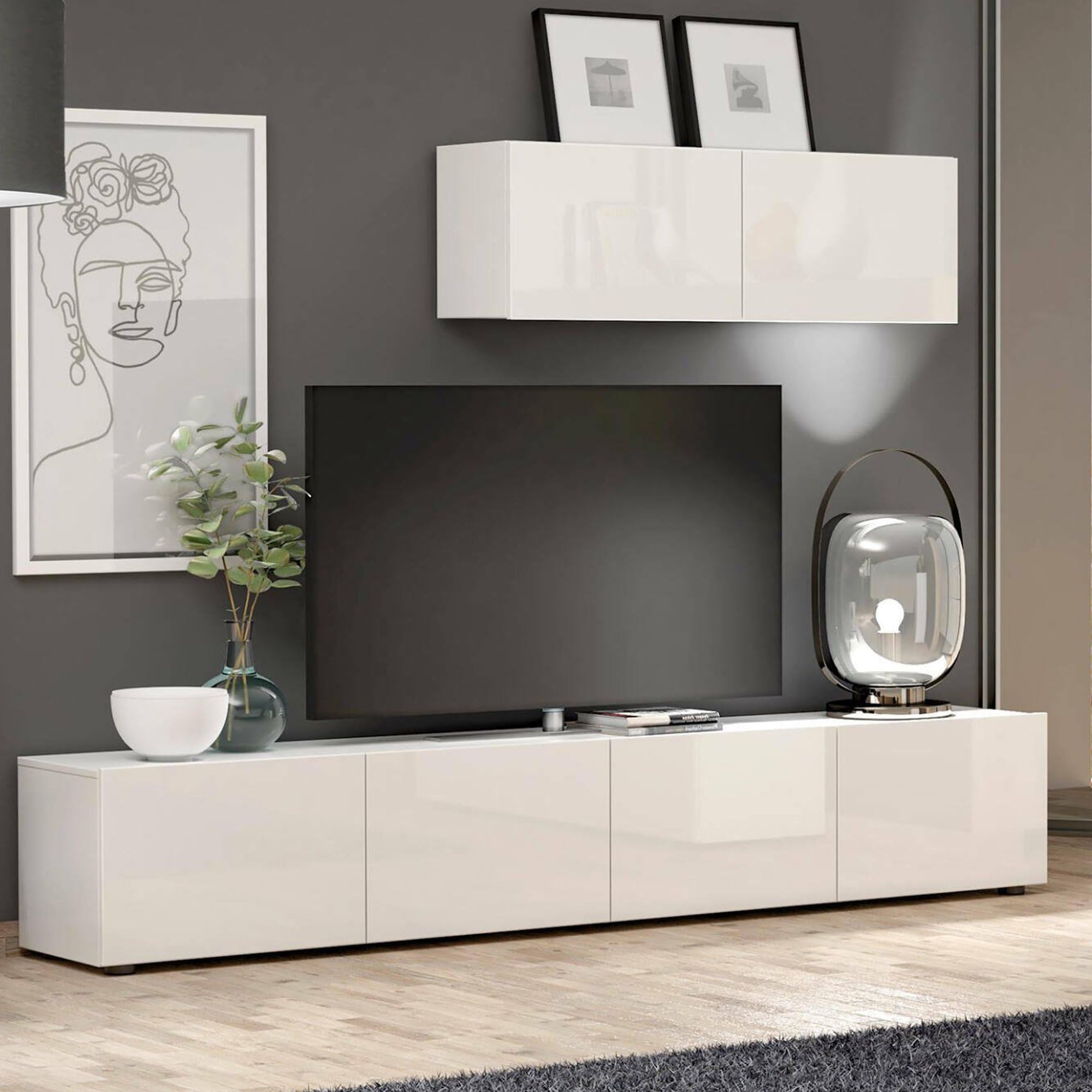Dmora - Mobile porta TV Randfontein, Credenza da soggiorno, Armadio basso per TV, Base parete attrezzata, Made in Italy, 225x38h39 cm, Bianco lucido