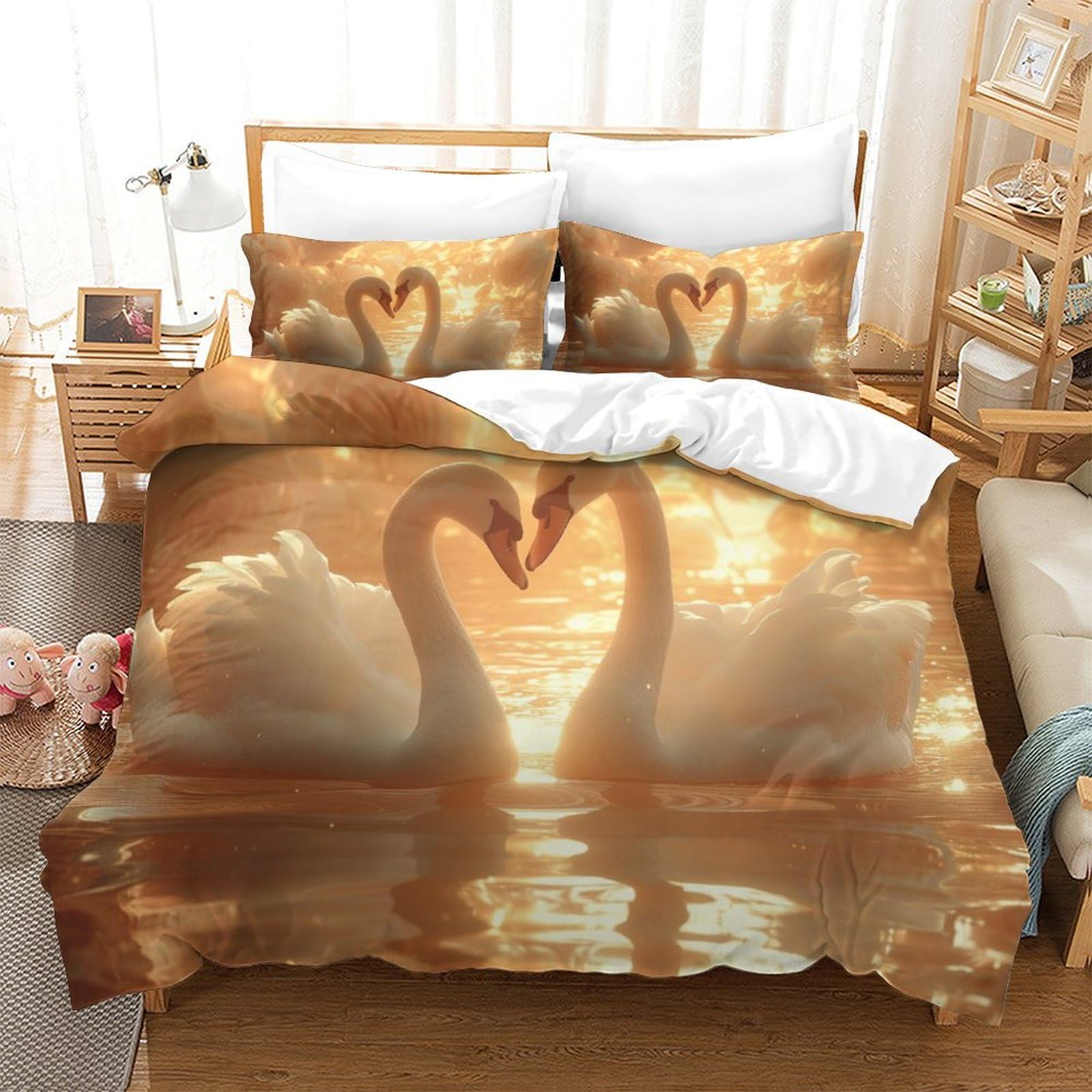 Housse de couette 260x220 cygne imprimé 3D avec 2 taies d'oreiller microfibre