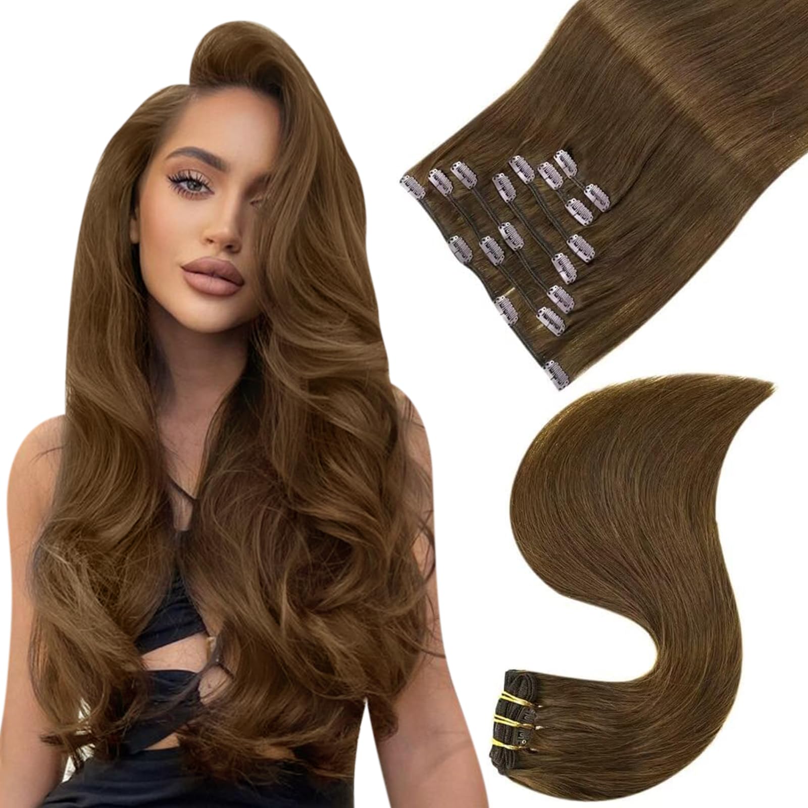 Easyouth Clip in Hair Extensions Real Human Hair Brown Hair Extension Clip ins Real Hair Dark Brown Clips in Human Hair Extensions Full Head Secure Hold 14 Inch 70g 7Pcs #4