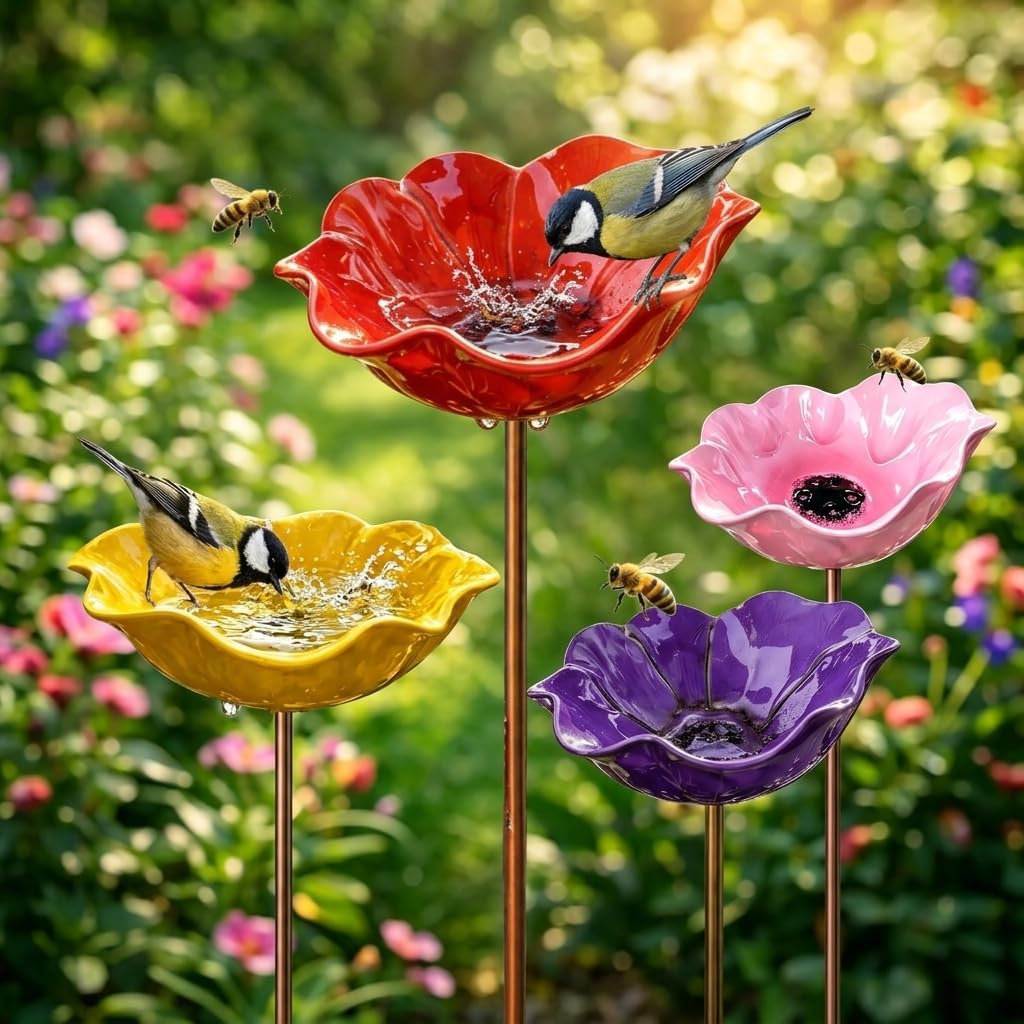ghfdaz Flower Bird Bath & Bee Bath For Garden, Metal Flower Garden Stake Bird Feeders, Rain Catchers For Garden,Style4