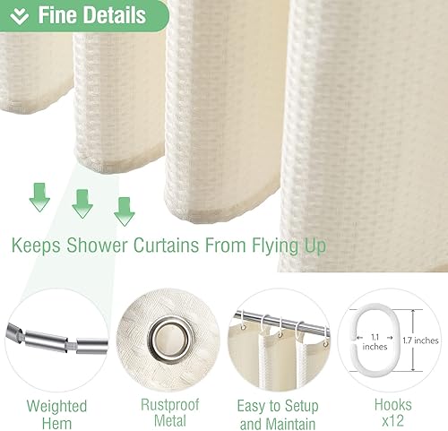 Vista 17 de Dynamene Cortina de ducha larga de tela negra – Cortinas de ducha de tela alta y resistente con textura de gofre, juego de cortina de baño de lujo