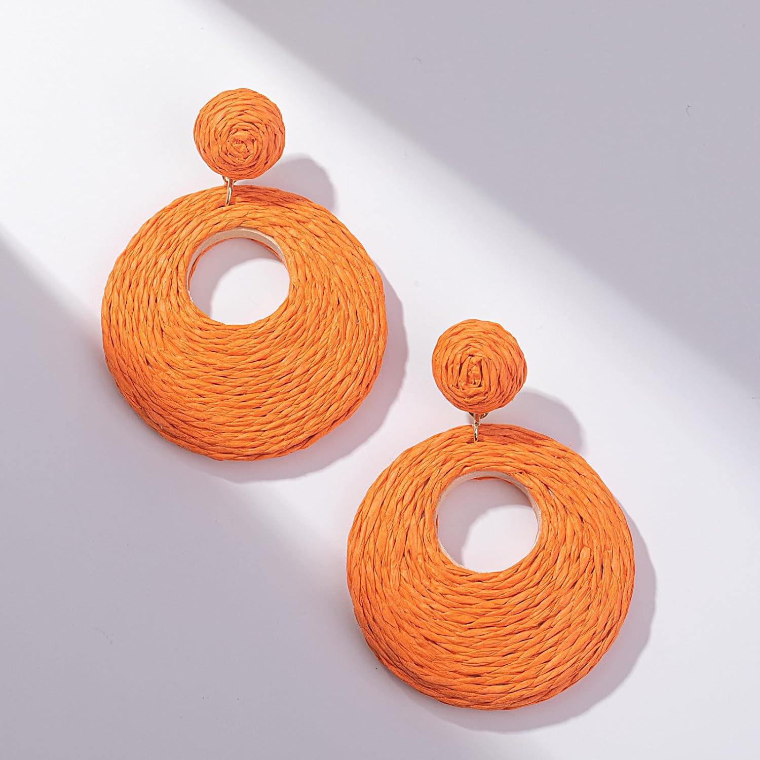 Boho Raffia Statement Circle Earrings - Cute Round Dangle Summer Handmade Rattan Jewelry for Women - Lightweight - Image 3