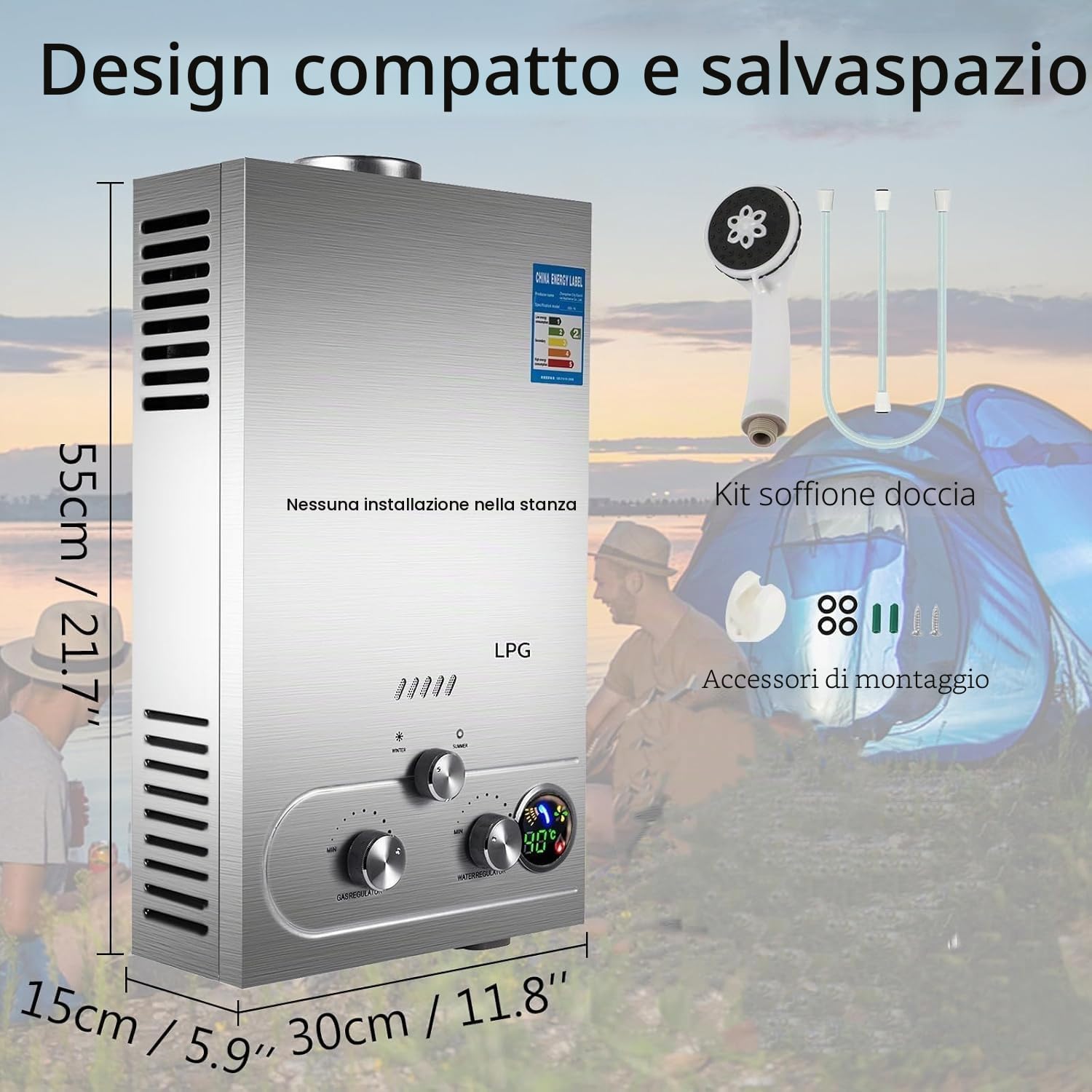 12L Scaldabagno a Gas GPL con Modalità Inverno ed Estate Caldaia a Gas GPL da 24 kW a Parete senza Serbatoio Scaldacqua Istantaneo Automatico con Anima in Rame e Display a LED