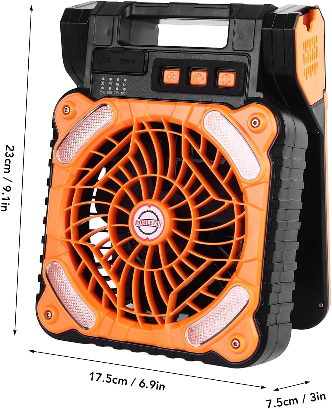 Solar Powered Fan 5200MAH 4 Speed Adjustable Brushless Motor Low Noise LED Light Timer with Power Bank Function for Camping Fishing Outdoor Activities (Orange)