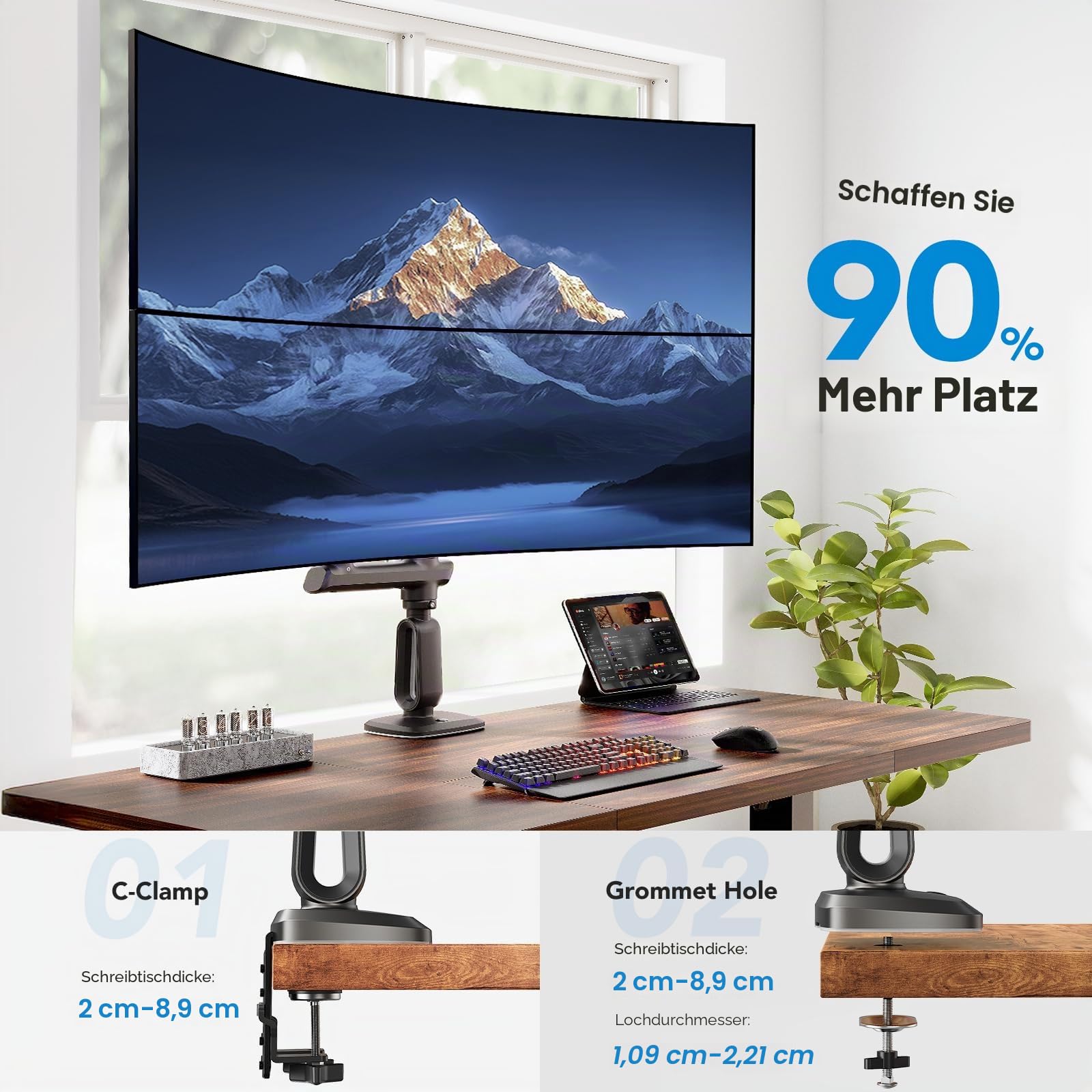 HUANUO Monitor Halterung 2 Monitore für 13-49 Zoll Ultrawide-Bildschirme, 18 kg Tragkraft, robuste Monitorhalterung für Gaming Bildschirme, vertikal stapelbar Monitorarm, VESA 75x75 100x100