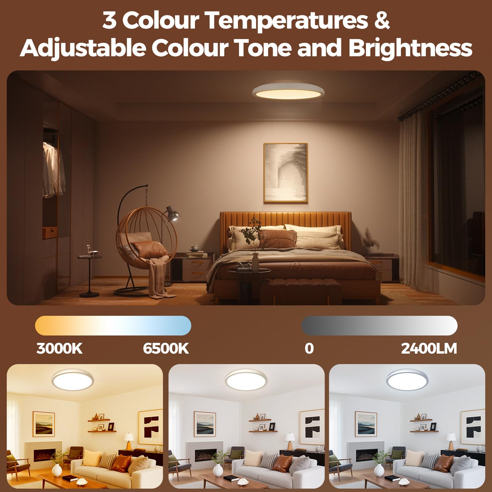 hepside Plafonnier LED Dimmable Couleur avec Télécommande, 24W RGB Change Plafond, 3000K-6500K Rond Plafonniers, 2400LM Ceiling Plafonnier pour Bathroom Bedroom Salon Cuisine, Ø30cm