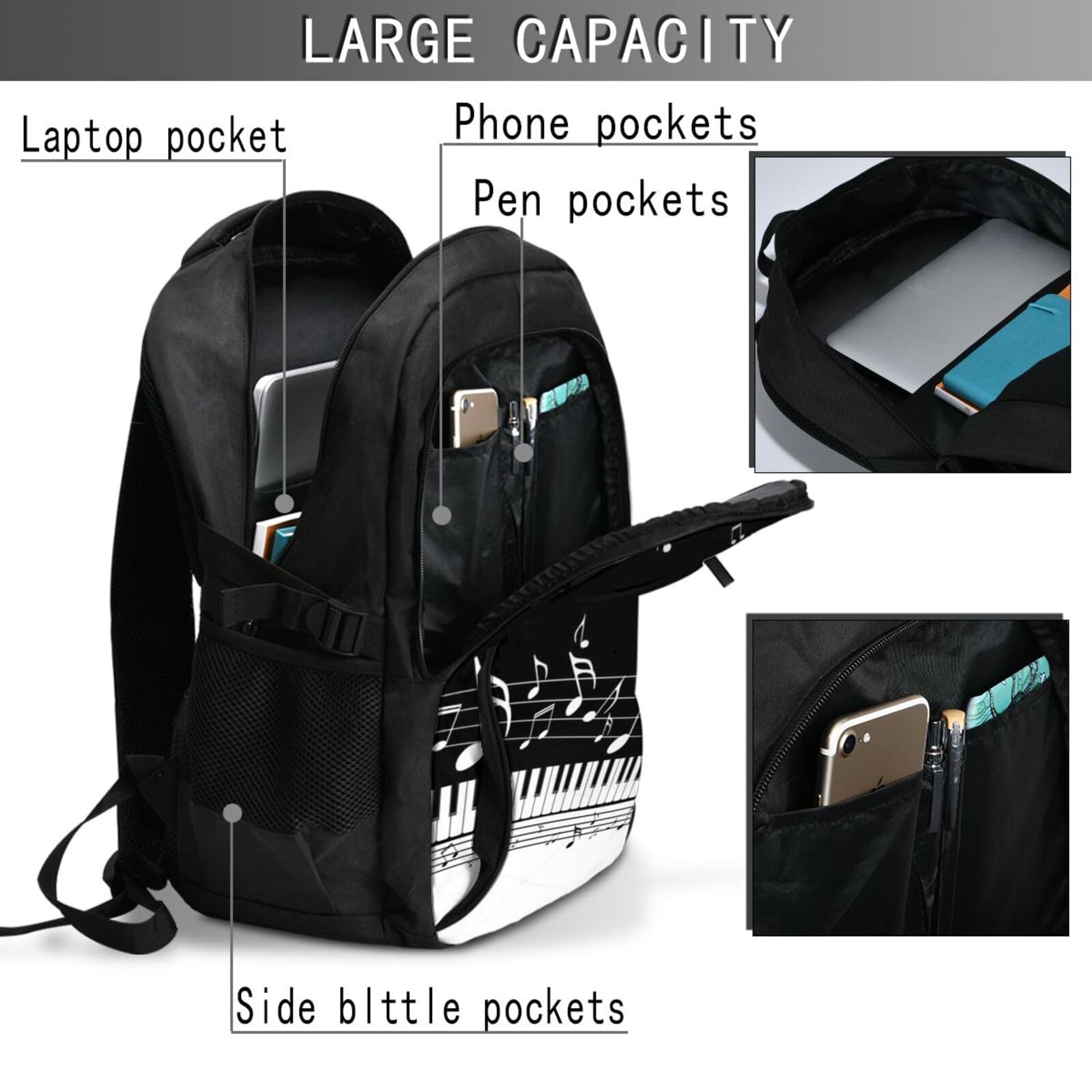 InOmak Fliegende Musiknoten, musikalische Klaviertasten, Reiserucksack, Freizeitrucksack, Schulrucksack, Laptop-Rucksack für Damen und Herren