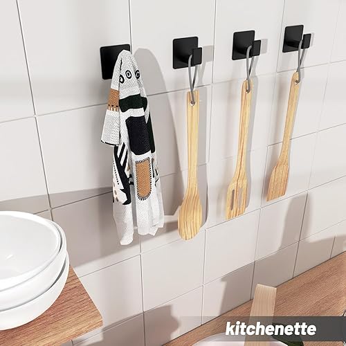 Miniatura 8 de Ganchos de toalla para adhesivo de baño, paquete de 4 ganchos de baño negro mate para toallas, gancho de toalla resistente a la corrosión, ganchos