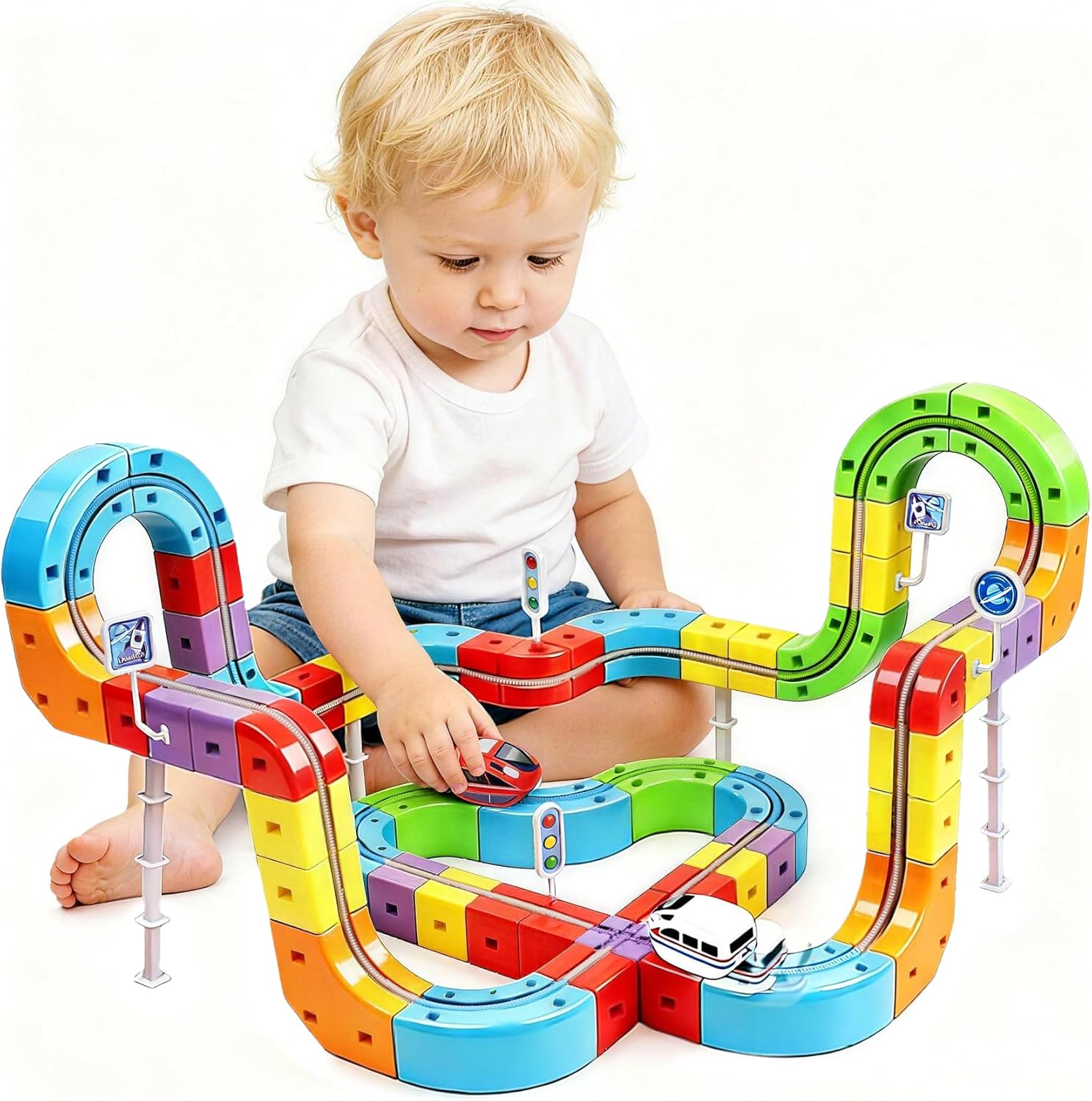 Electric Train Set for Kids 3–8, 121PCS/2 Car, 3D Infinity Racer Magnetic Train Sets with Motorized Train, STEM Building Train Tracks for Creative Learning, Electric Train Set Gift for Boys and Girls