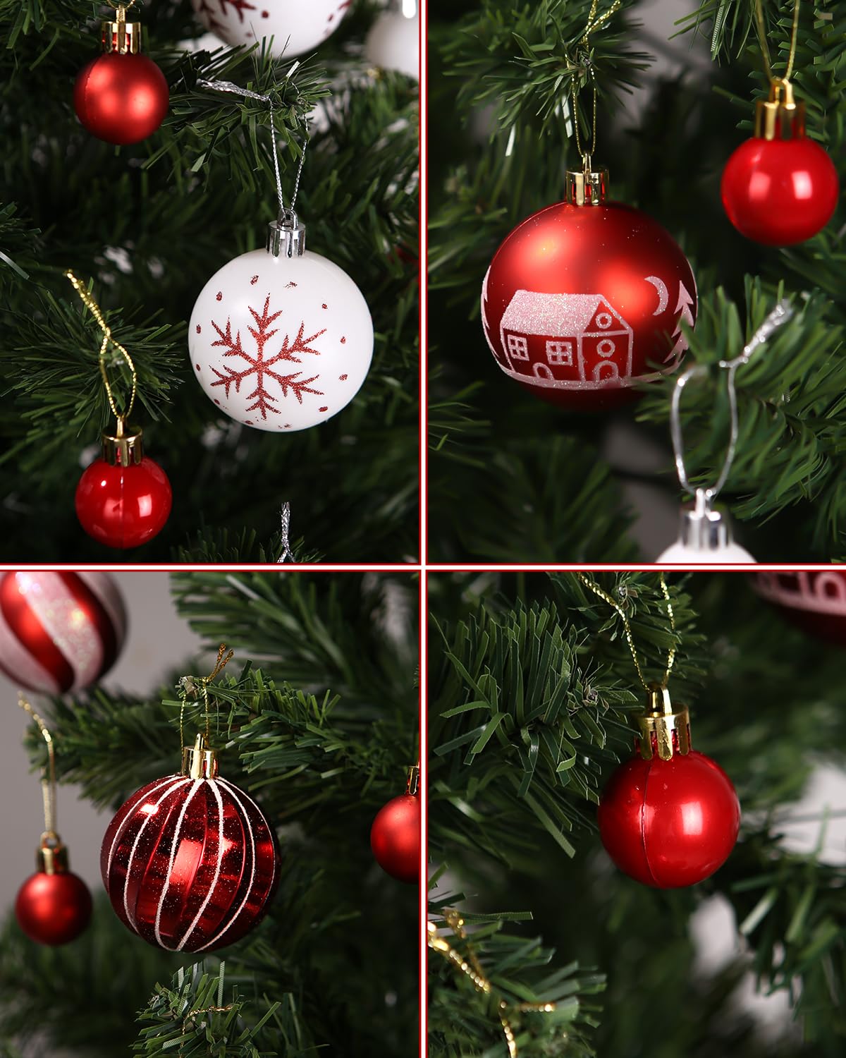 Juego de Bolas de Navidad, Bolas de Navidad Blancas y Rojas, 44 Piezas, 6 cm y 3 cm, Adornos Arbol Navidad, Bolas de Plástico Blancas y Rojas para Decoración Arbol Navidad Casa