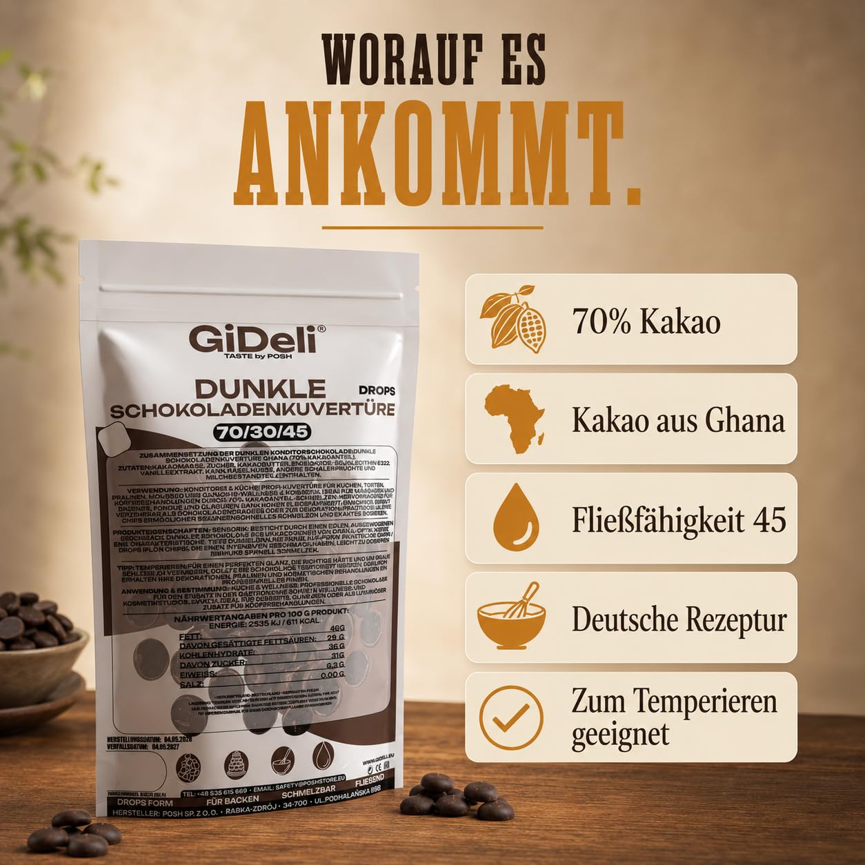 GiDeli Dunkle Schokoladenkuvertüre 70% Drops 2x5kg - Professionelle Zartbitterschokolade zum Temperieren - Kakao aus Ghana - Fließfähigkeit 45 - Ideal für Torten, Pralinen & Ganache
