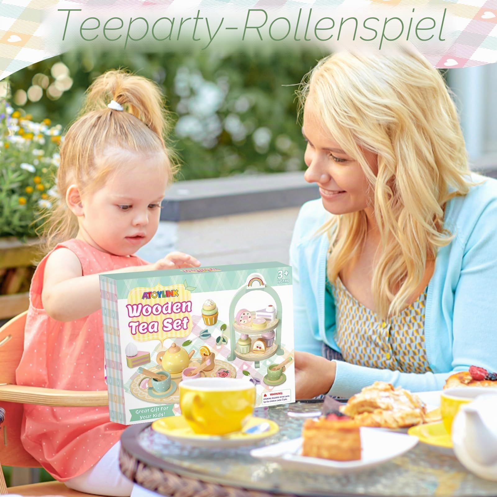 Atoylink Teeservice Kinder Holzspielzeug Kinderküche Zubehör Holz Teeparty Set mit Spielküche Holz Cupcake Ständer Teekanne Teetassen Teeset Rollenspiel Geschenk für Kinder Mädchen 3 4 5 6 7+ Jahre