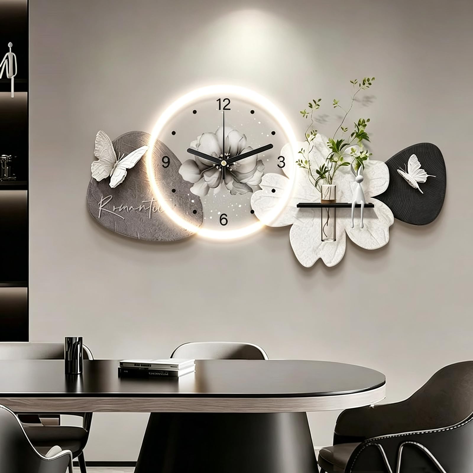 3D Wall Art Decor with LED Lights, Flower Butterfly Wall Clock with Plant Vase, Modern Sandstone LED Wall Decor for Living Room, Entryway,Dining Room Home Decor Black-A 23.6×47.2 in（60×120 cm ）