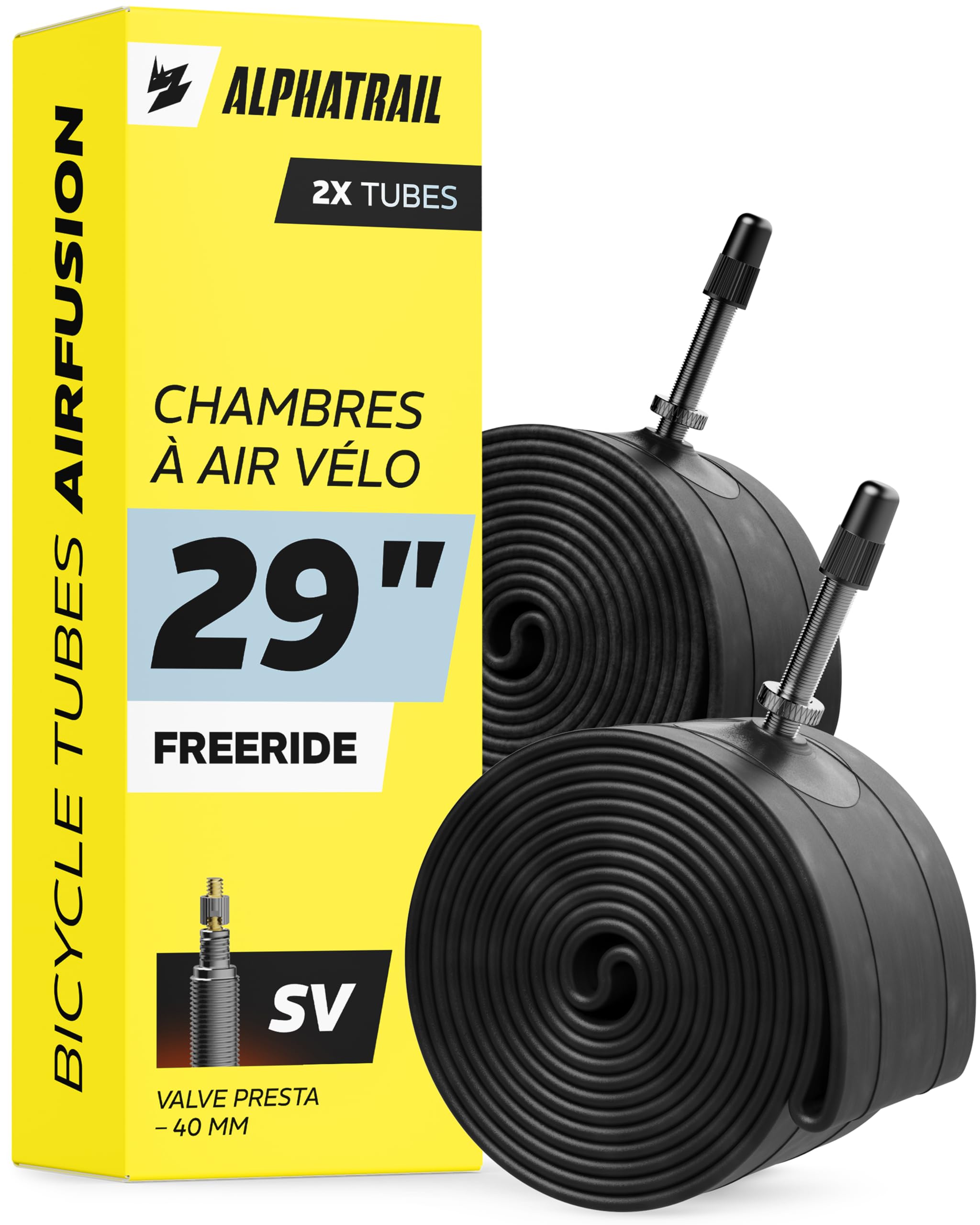 Alphatrail Chambre a Air VTT AirFusion 29 Pouces SV 40 mm 2X Set avec Garantie Mobilite I Compatible Pneu Velo Schwalbe, Continental, Conti, Michelin, Maxxis et Kenda