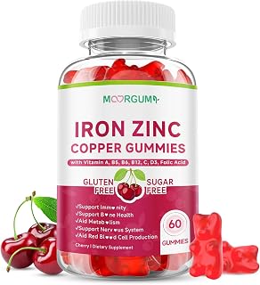 Iron, Zinc, Copper Supplements for Women & Men, Mineral Gummies with Vitamin A, B5, B6, C, D3, B12 for Adults & Kids, Boost Energy, Support Immunity & Bone Health, Sugar Free, Cherry Flavor, 60 Count