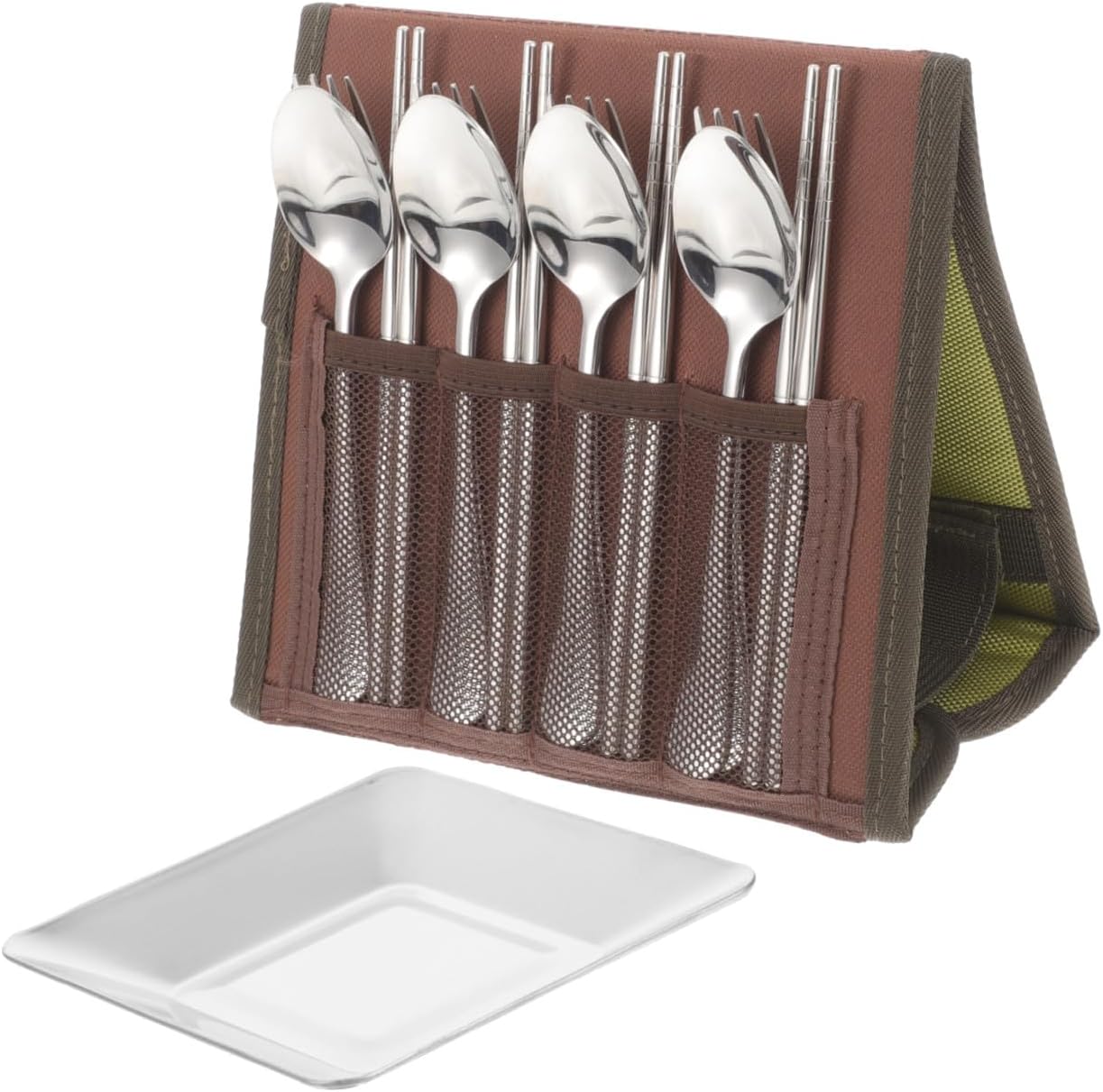 PRETYZOOM Outdoor Stainless Steel Camping Cutlery Set 16pcs Picnic Tableware with Spoon, Chopsticks, Fork, and Plate for 4 People Portable Barbecue Utensils with Carry Bag Random Color