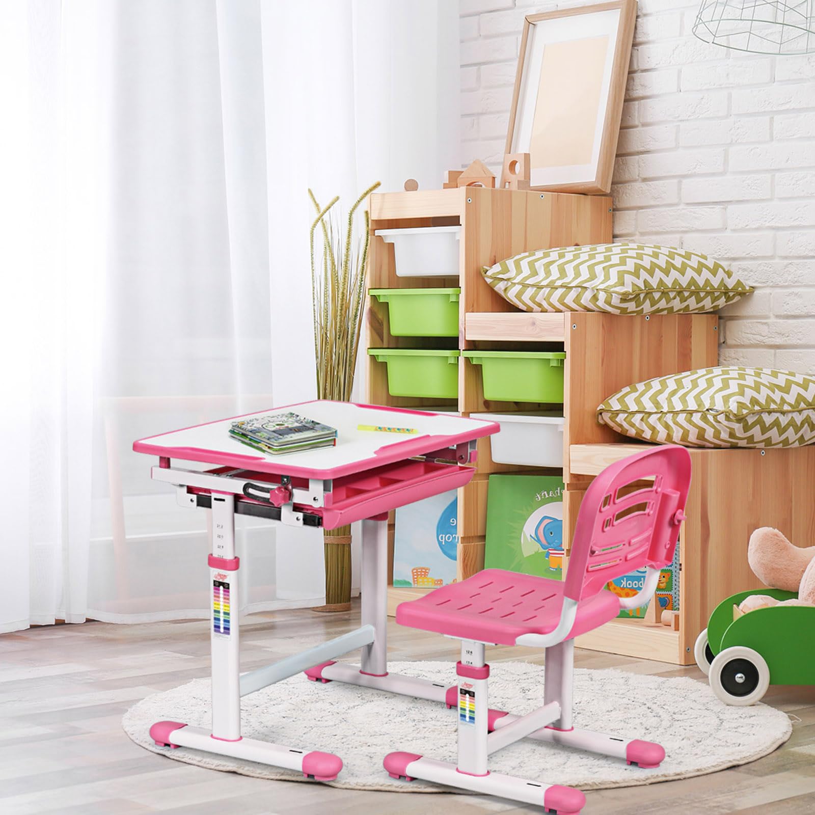 COSTWAY Scrivania per Bambini con Sedia, Tavolo Studio Regolabile in Altezza e Piano Inclinabile, Tavolo e Sedia Ergonomica in Materiali Sicuri per 3-14 Anni (Rosa)
