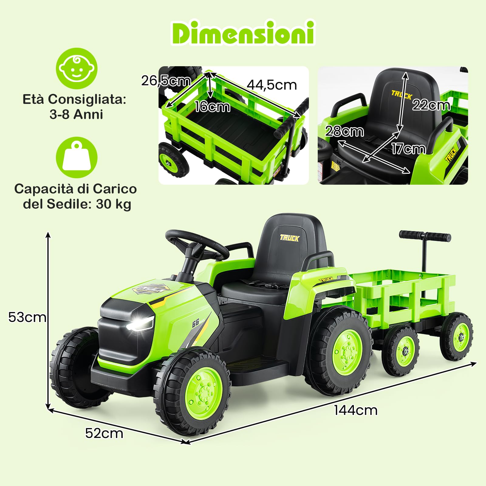 RELAX4LIFE Trattore Elettrica per Bambini 12V con Rimorchio Staccabile, Telecomando e Funzione di Avvio e Arresto Lento, Luci LED e Clacson per Bambini 3 Anni+ (VERDE)