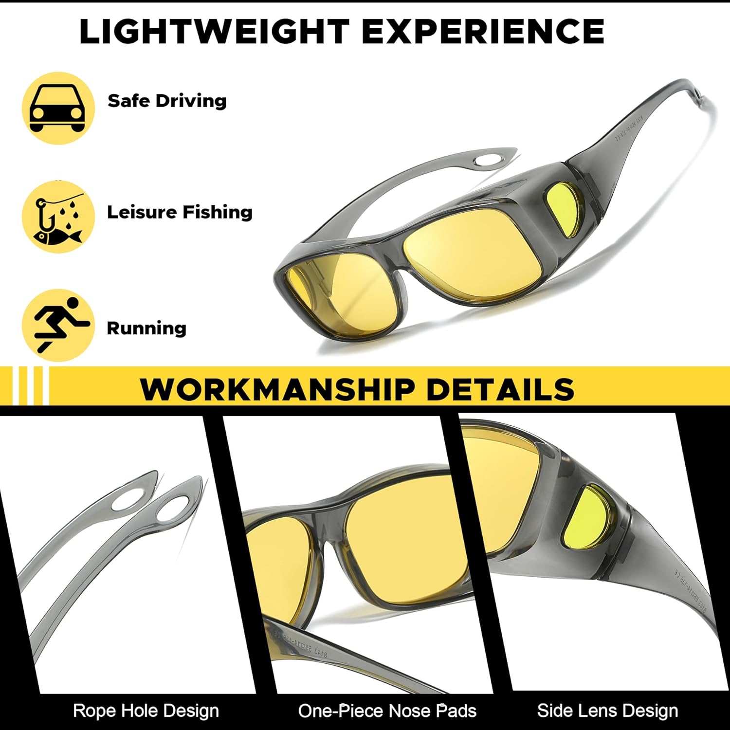 LVIOE Polarized Fit Over Night Vision Glasses for Women Men Over Glasses Wrap Around for Night Driving Glare Eyeglasses N8143 - Image 4