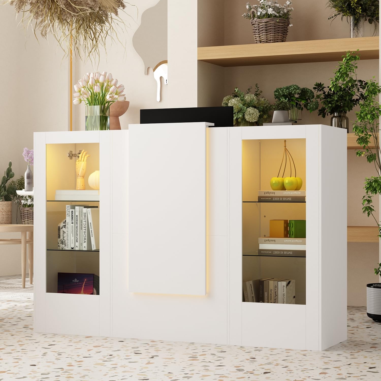 L-Shape Reception Desk with Lights, Front Counter Table with Glass Shelves, Reception Room Table, Counter Desk for Retail Checkout, Lobby Salon Store, White, 39.4”D x 47.2”W x 40.6”H