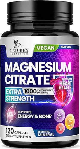 Suplemento de citrato de magnesio de 1000 mg para una mejor absorción, apoya la salud ósea, cardíaca, nervios, músculos, metabolismo y calma,