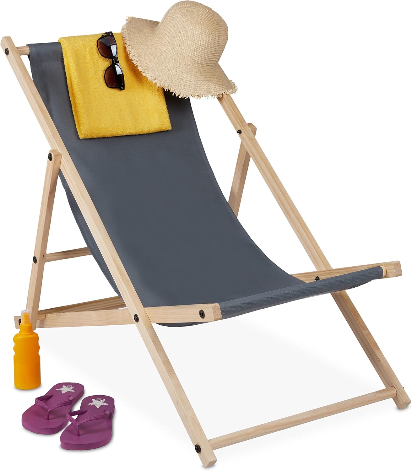 Relaxdays Beach Deckchair Wood, Foldaway Wooden Steamer Chair with